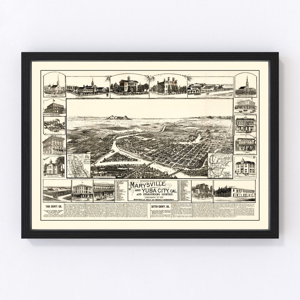 Vintage Map of Marysville & Yuba City, California 1888