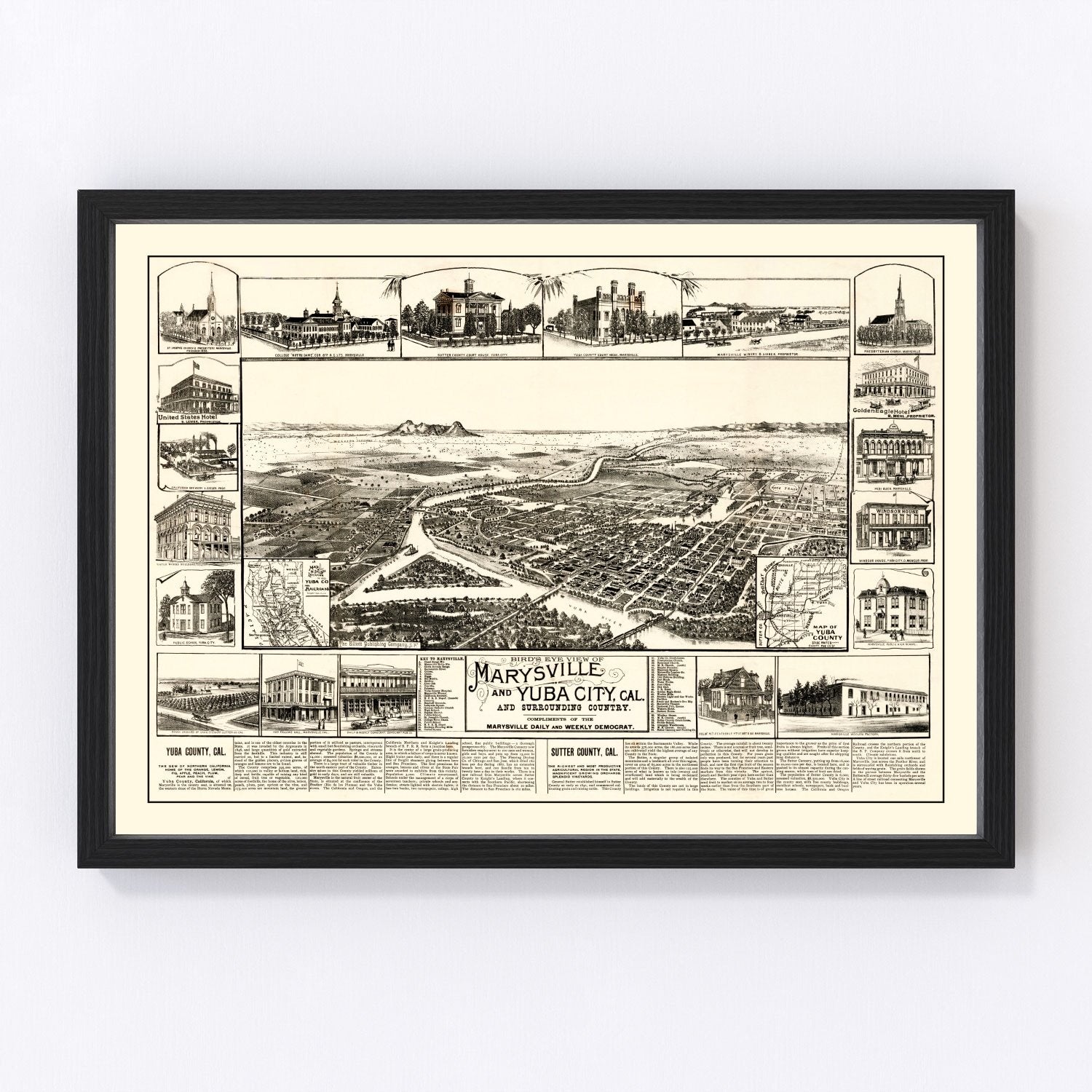 Vintage Map of Marysville & Yuba City, California 1888