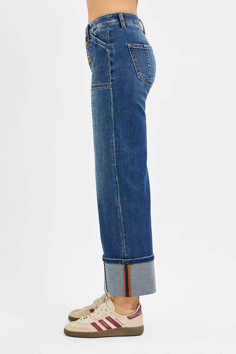 Risen Plus Size High Rise Crop Wide Straight Cuffed Jeans