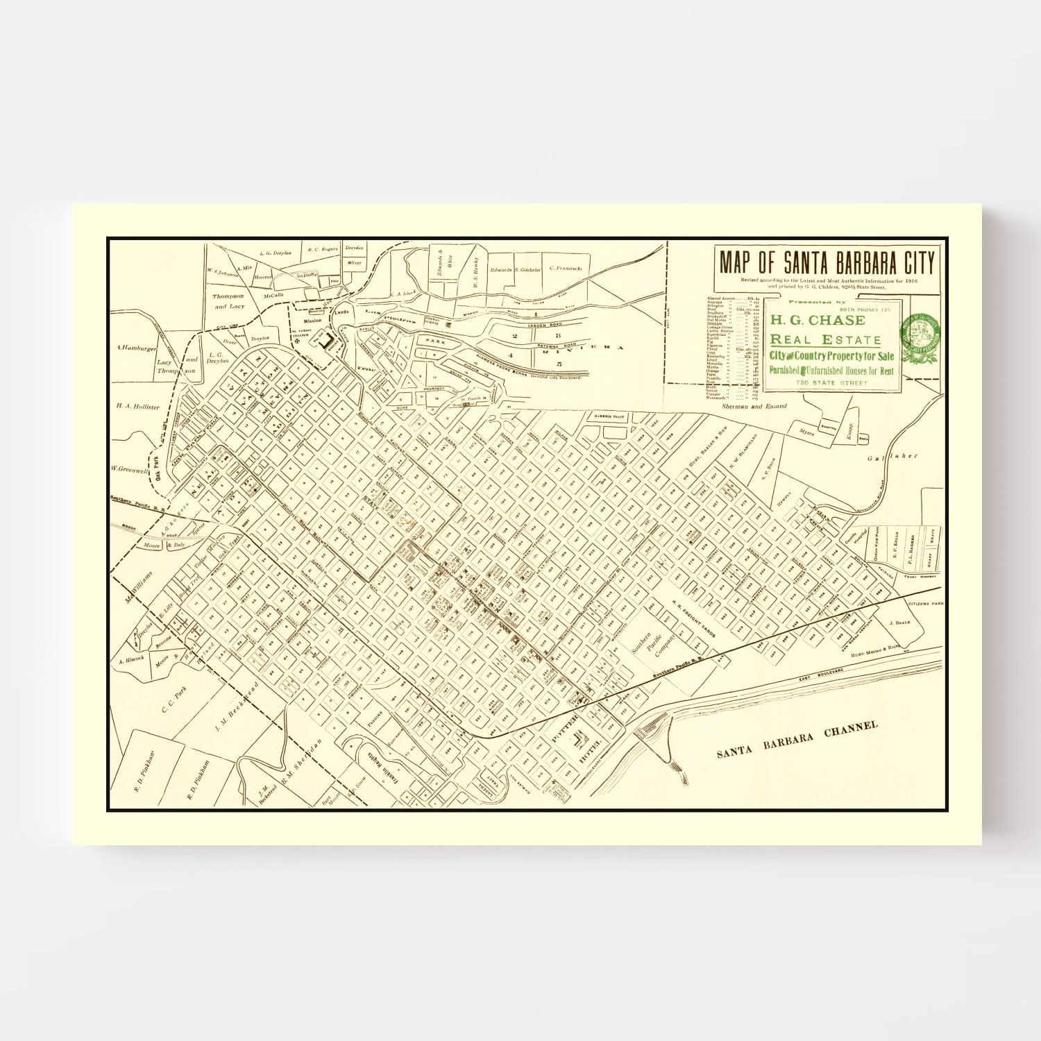 Vintage Map of Santa Barbara, California 1916