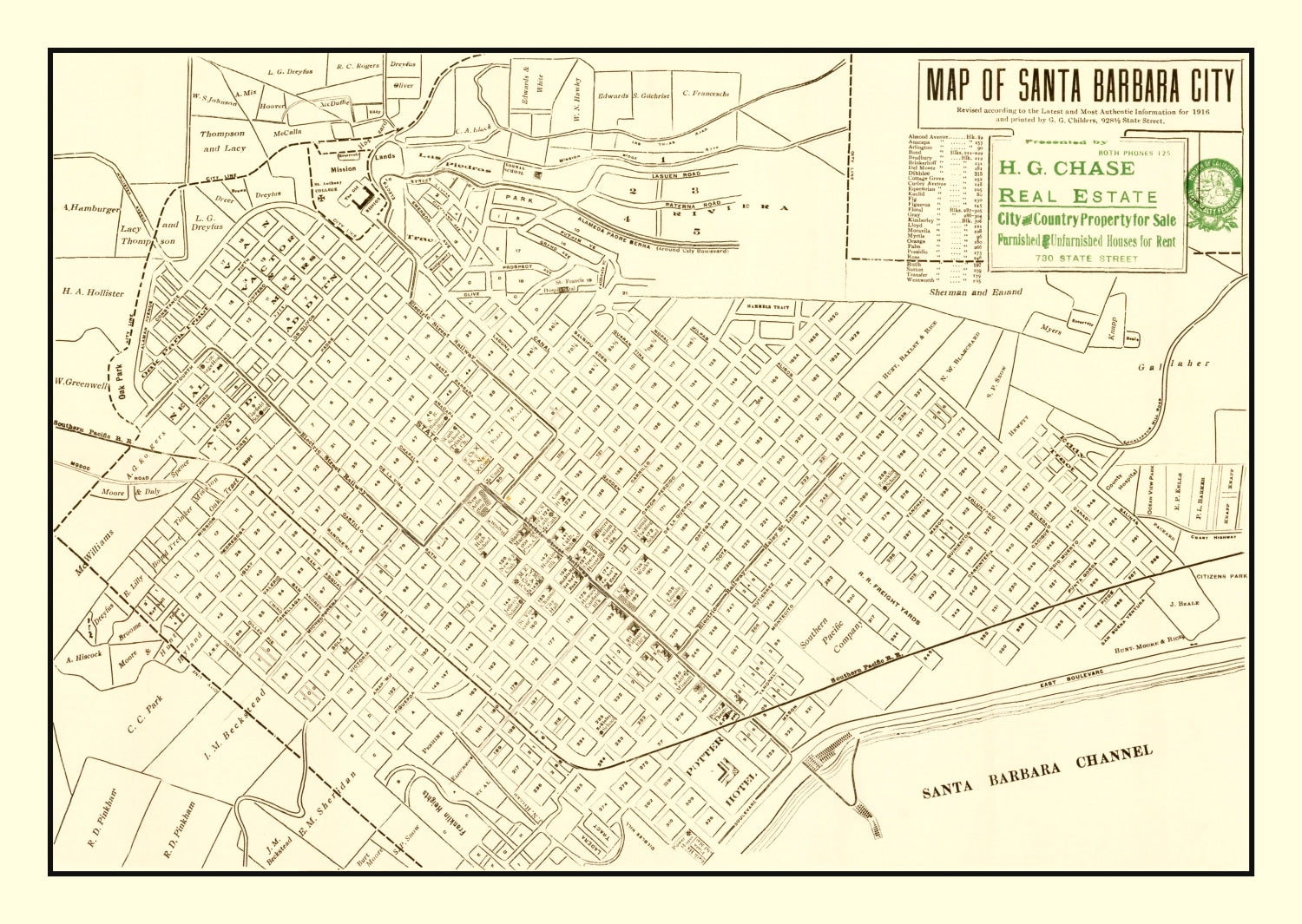 Vintage Map of Santa Barbara, California 1916