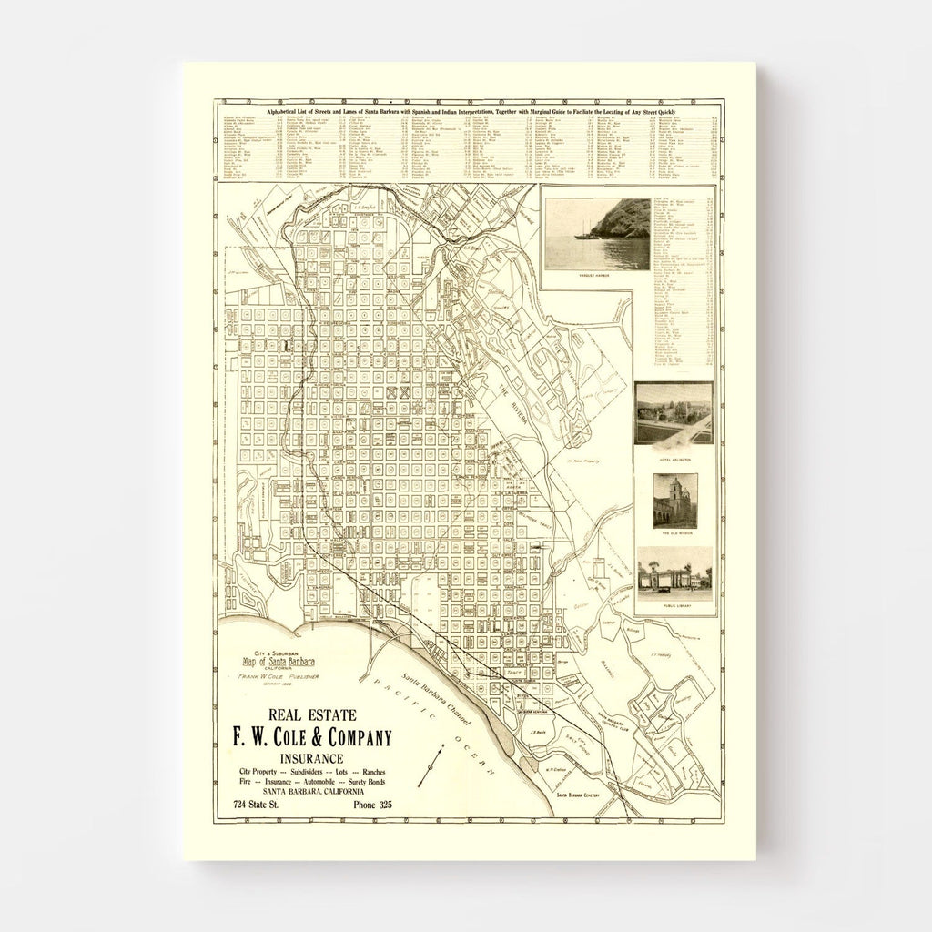 Vintage Map of Santa Barbara, California 1920