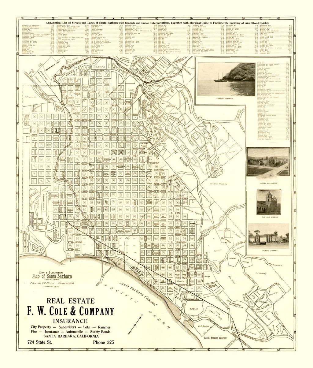 Vintage Map of Santa Barbara, California 1920