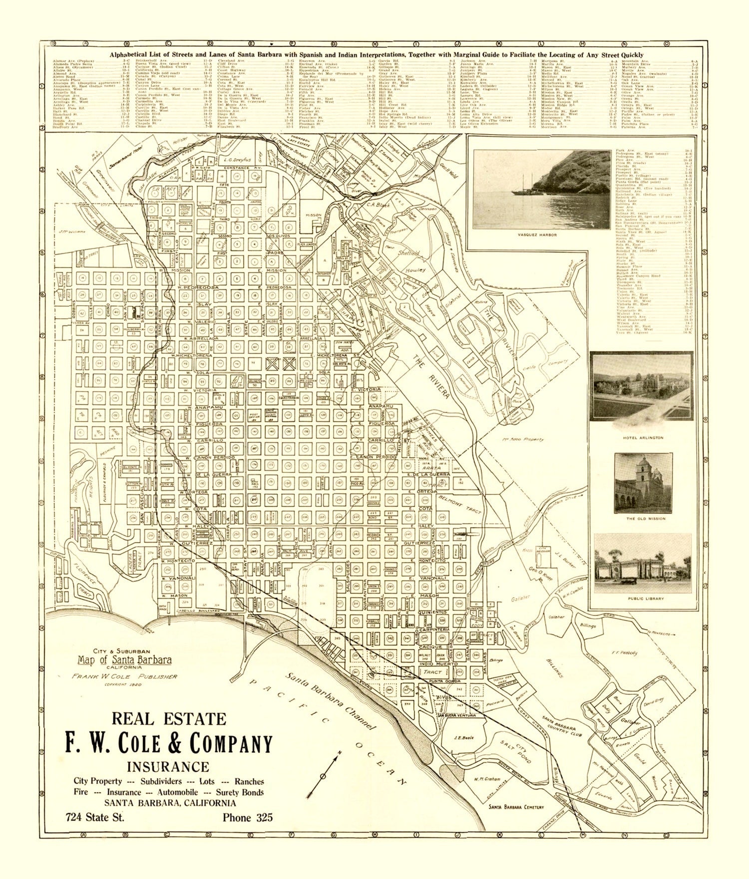 Vintage Map of Santa Barbara, California 1920