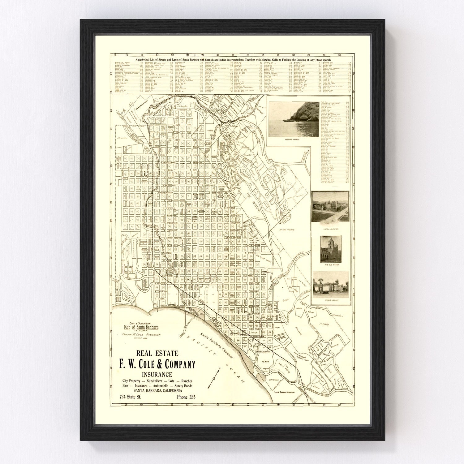 Vintage Map of Santa Barbara, California 1920