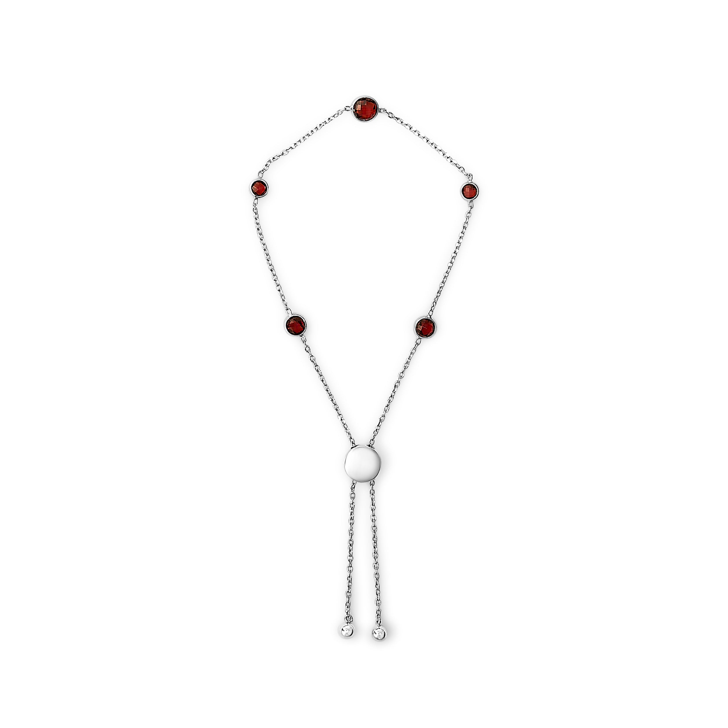 .925 Sterling Silver Bezel Set Red Garnet 5 Station Adjustable Bolo Bracelet