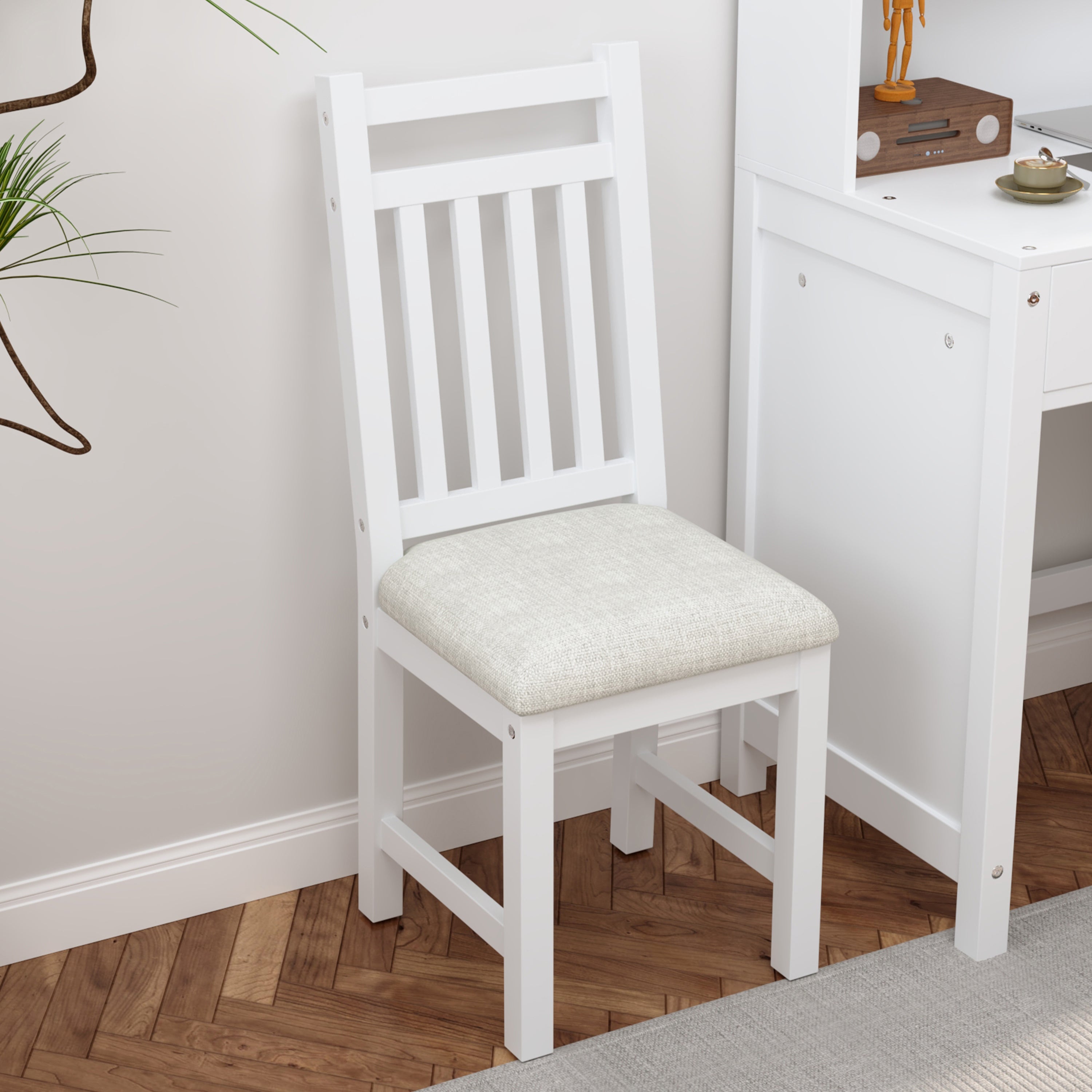 Vintage 40'' Home Executive Desk and Upholstered Chair Set with Bookshelf, Computer Desk with Four Drawers, Storage Shelf, and Chair, Ideal for Office or Study in Bedroom or Living Room,White