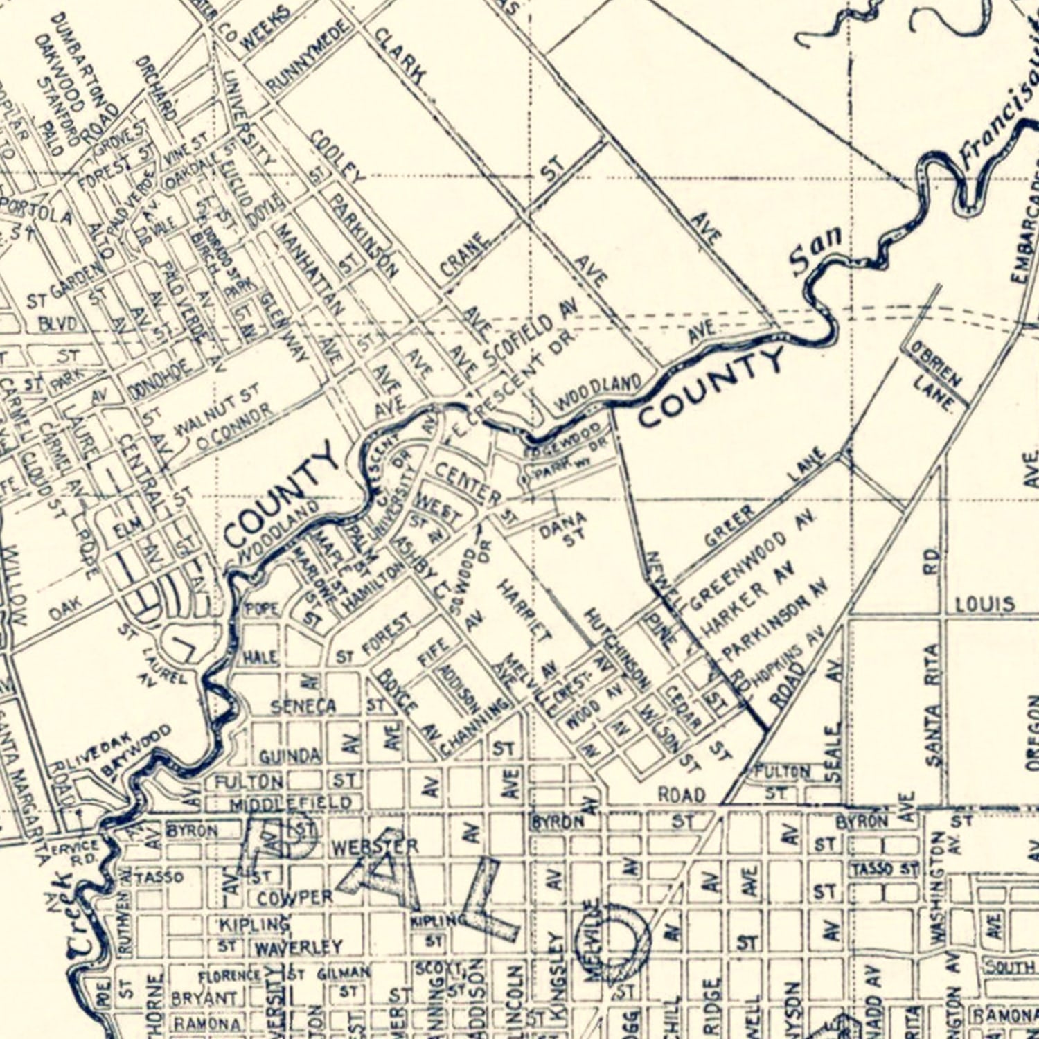 Vintage Map of Palo Alto, California 1920