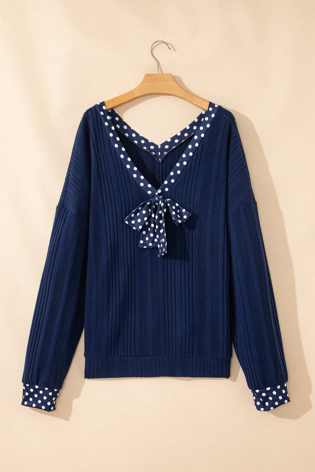 Polka Dot Patchwork Bow Tie V-Neck Top