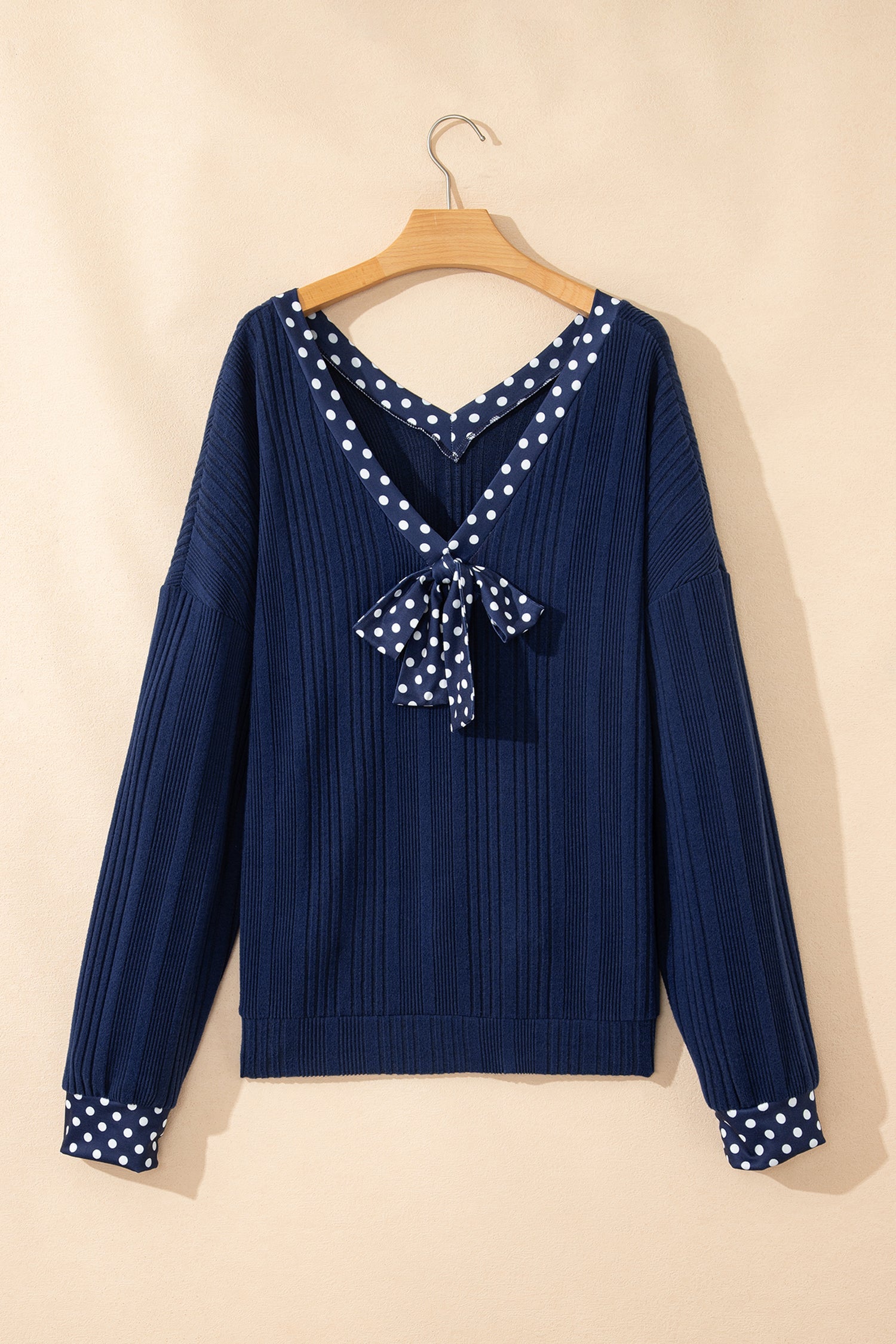 Polka Dot Patchwork Bow Tie V-Neck Top