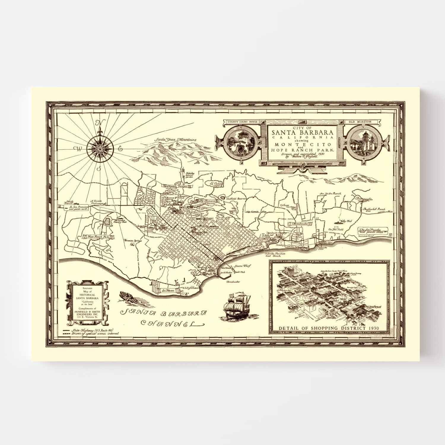 Vintage Map of Santa Barbara, California 1930