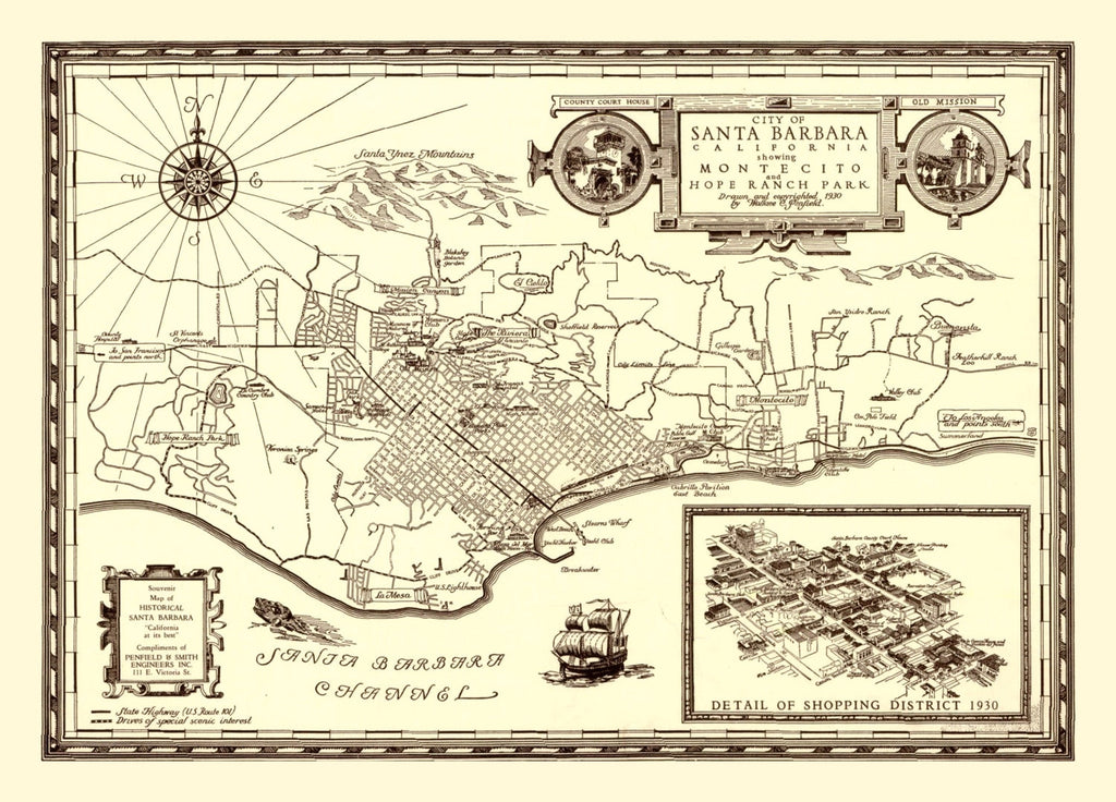 Vintage Map of Santa Barbara, California 1930
