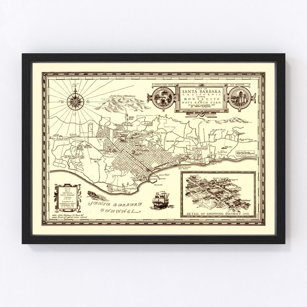 Vintage Map of Santa Barbara, California 1930