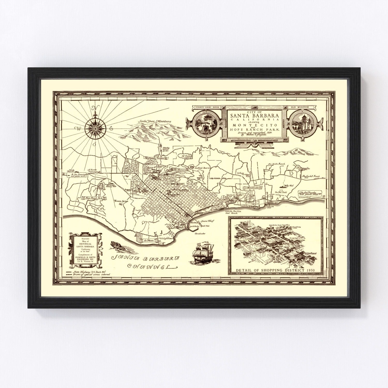 Vintage Map of Santa Barbara, California 1930