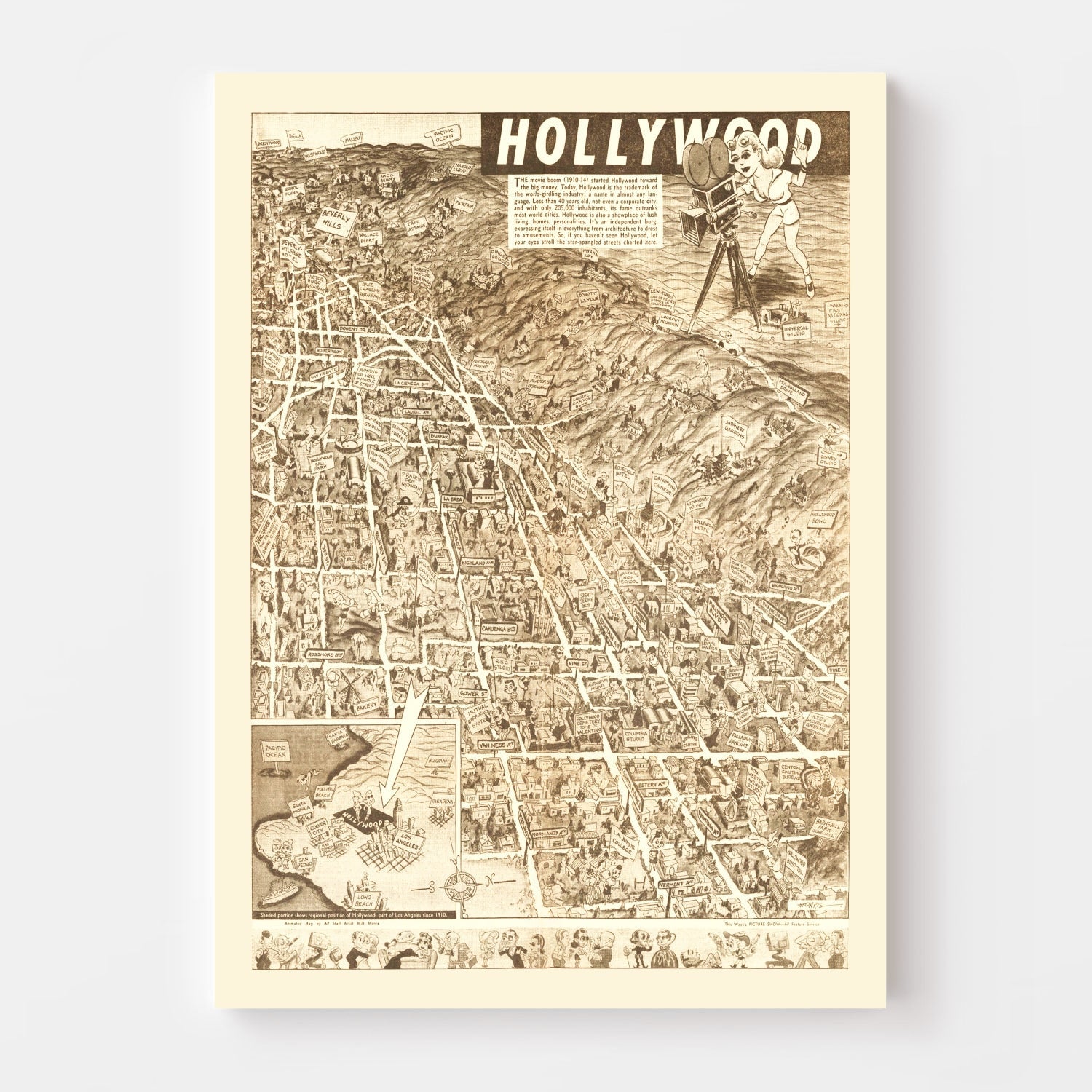 Vintage Map of Hollywood, California 1940