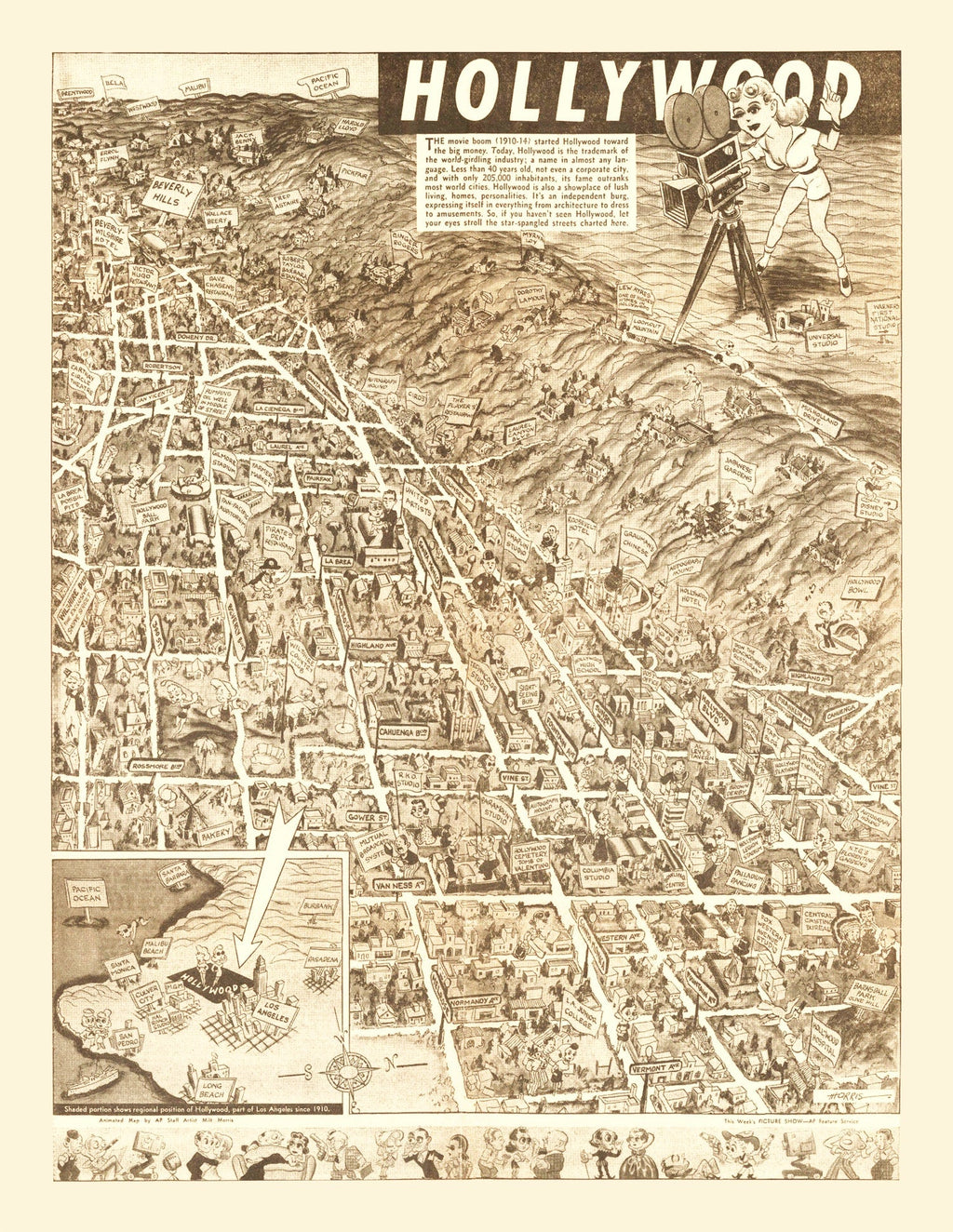 Vintage Map of Hollywood, California 1940