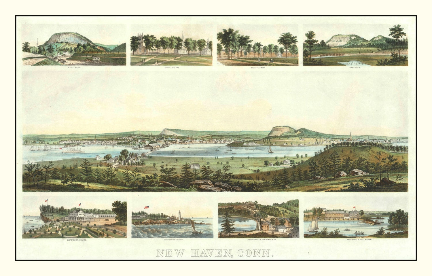 Vintage Map of New Haven, Connecticut 1862