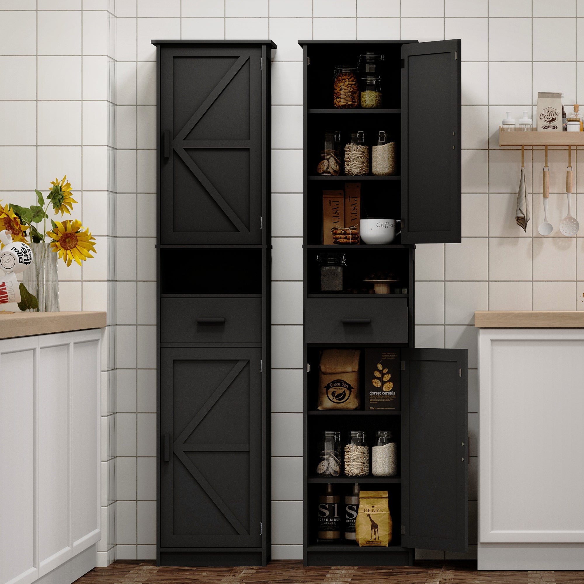 69' H Tall Bathroom Storage Cabinet with 2 Barn Doors and 1 Drawer, Narrow Storage Unit, Adjustable Shelves,Floor Cabinet for Bathroom, Living Room, Entryway,Kitchen,(Black)