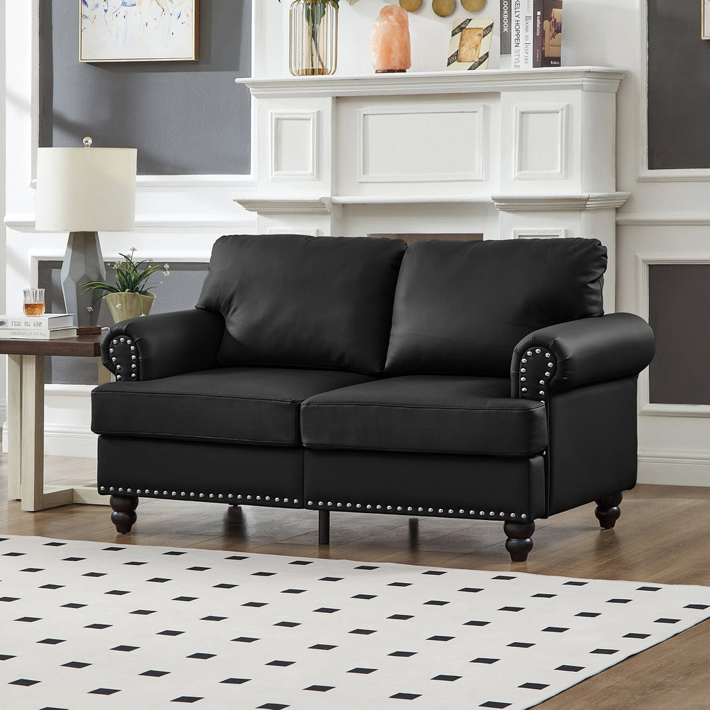 Modern Classic Design with Nails Living Room 2+3 seater Loveseat & Sofa Leather Couch,Upholstered Imitation Cowhide Leather Black