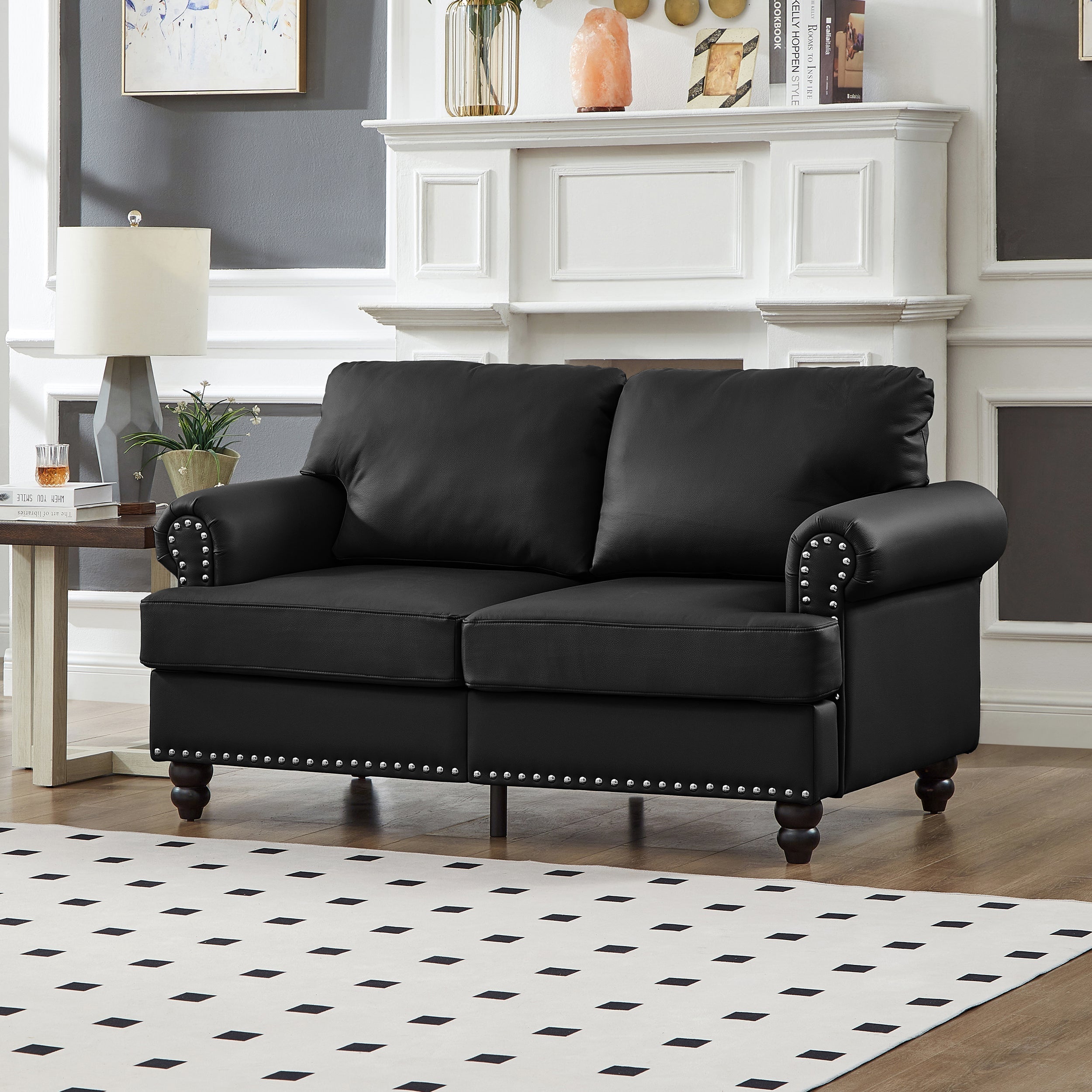 Modern Classic Design with Nails Living Room 2+3 seater Loveseat & Sofa Leather Couch,Upholstered Imitation Cowhide Leather Black