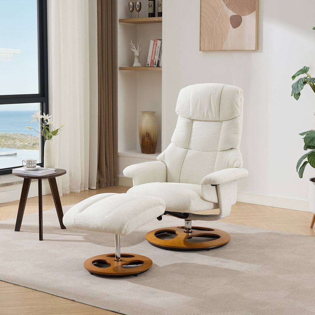 010-Ergonomic Recliner Chair with Ottoman, Modern 360° Swivel Lounge Chair with Footstool, Chenille Fabric, 5 Point Vibration Massage, Seat Heating & 140° Adjustable Backrest for Home or Office, White