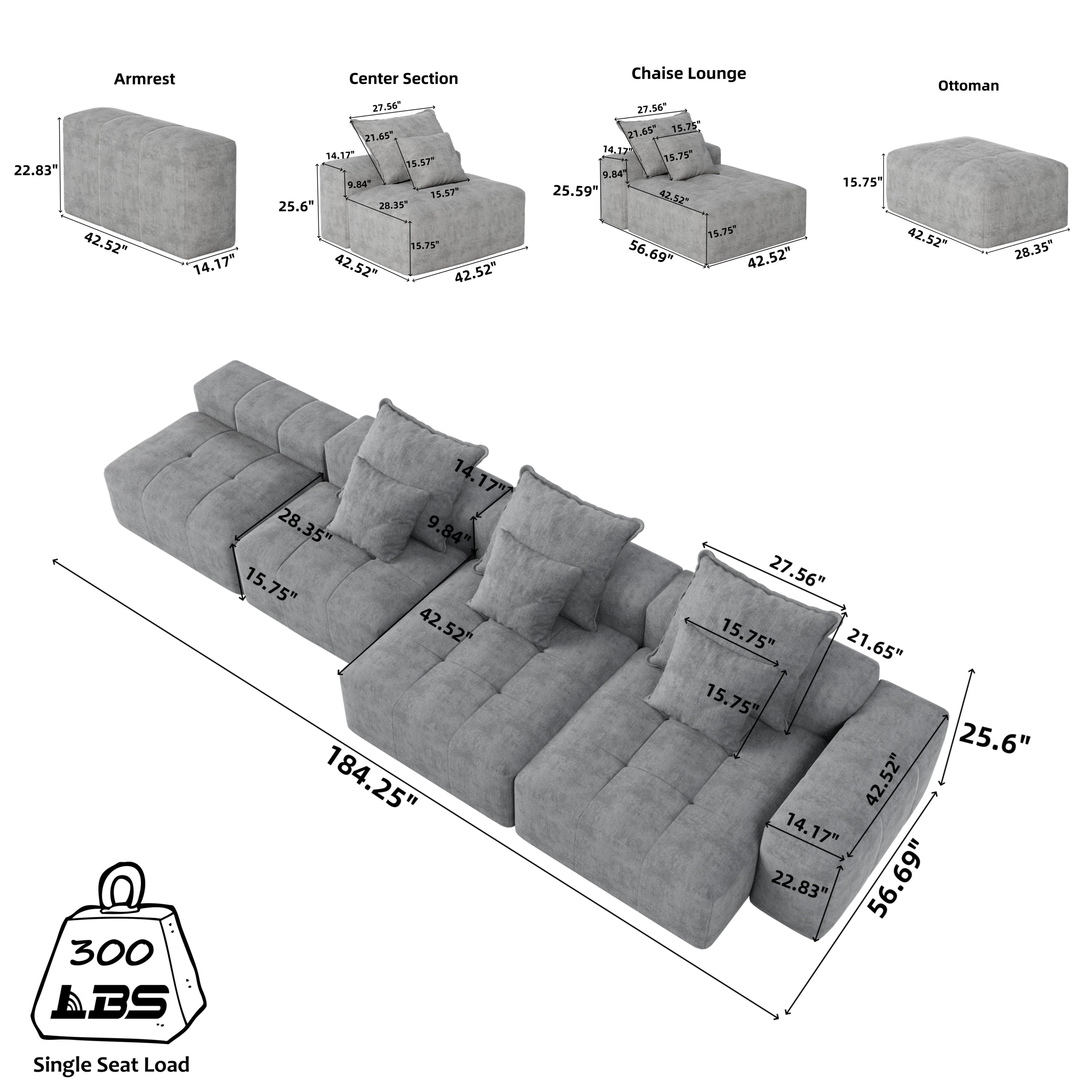 Modern Oversized Modular Sectional Sofa, Sparkling Chenille Fabric Soft Cushion Sofa with 6 Pillows, 6 PCS DIY Combination Tufted Sofa, No Assembly Required, GREY