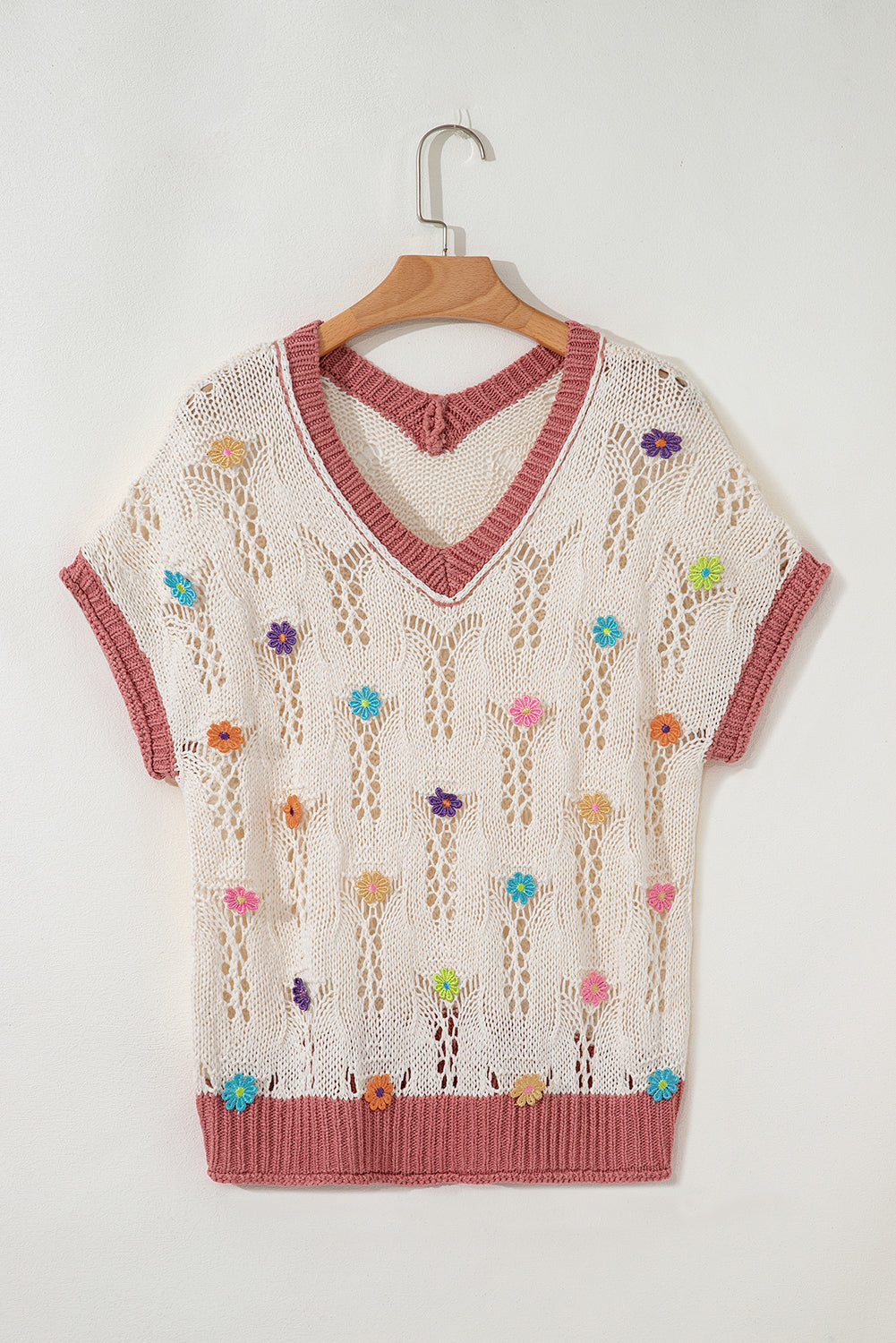 Flower Embroidered Colorblock Edge Hollowed Sweater