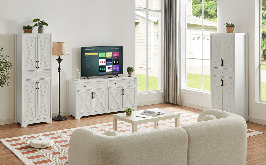TV Cabinet Set Multifunctional TV Wall, One TV Cabinet and Two Sideboards for Living Room, White,  108.7''L x 15''W x 68''H.
