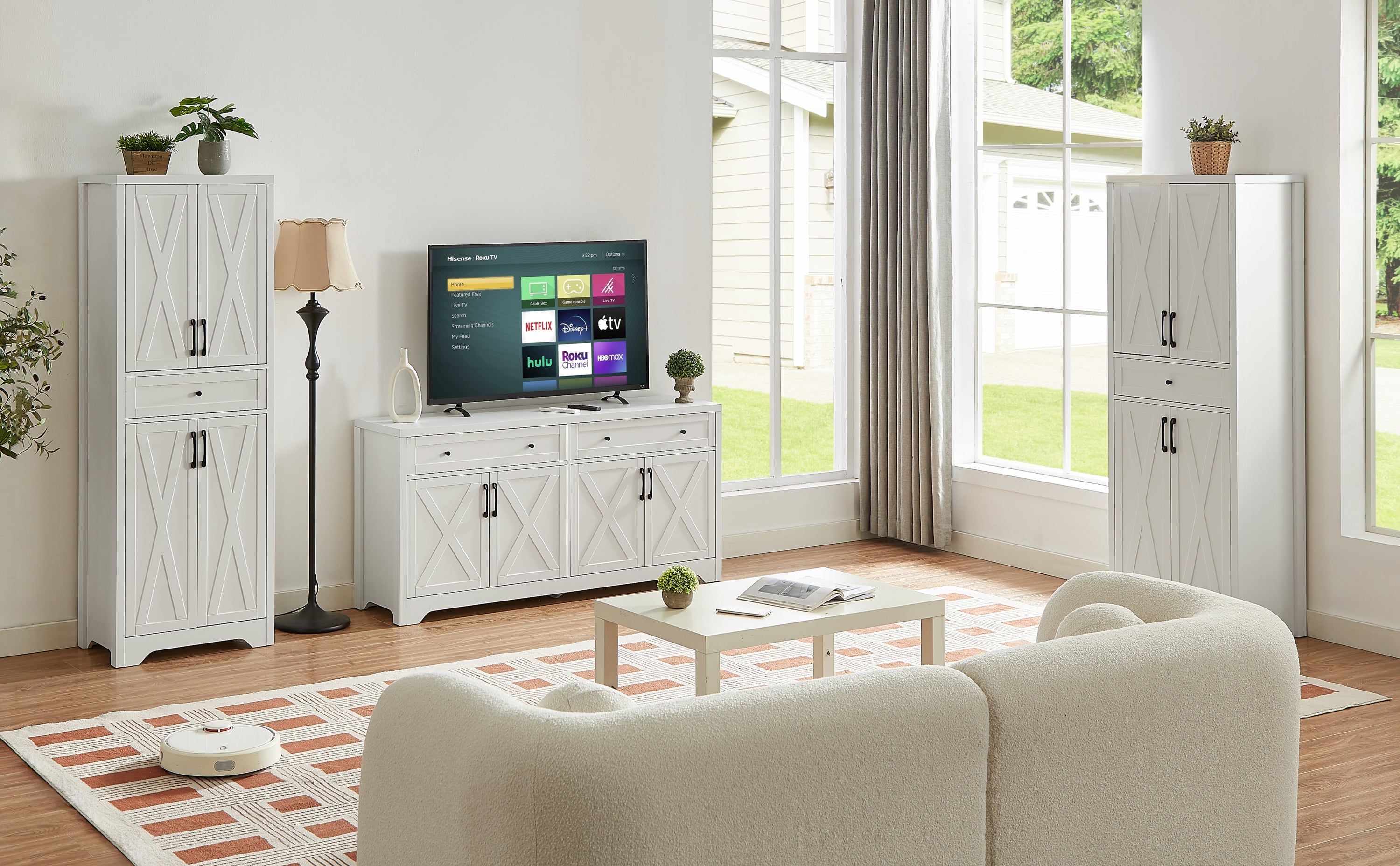 TV Cabinet Set Multifunctional TV Wall, One TV Cabinet and Two Sideboards for Living Room, White,  108.7''L x 15''W x 68''H.