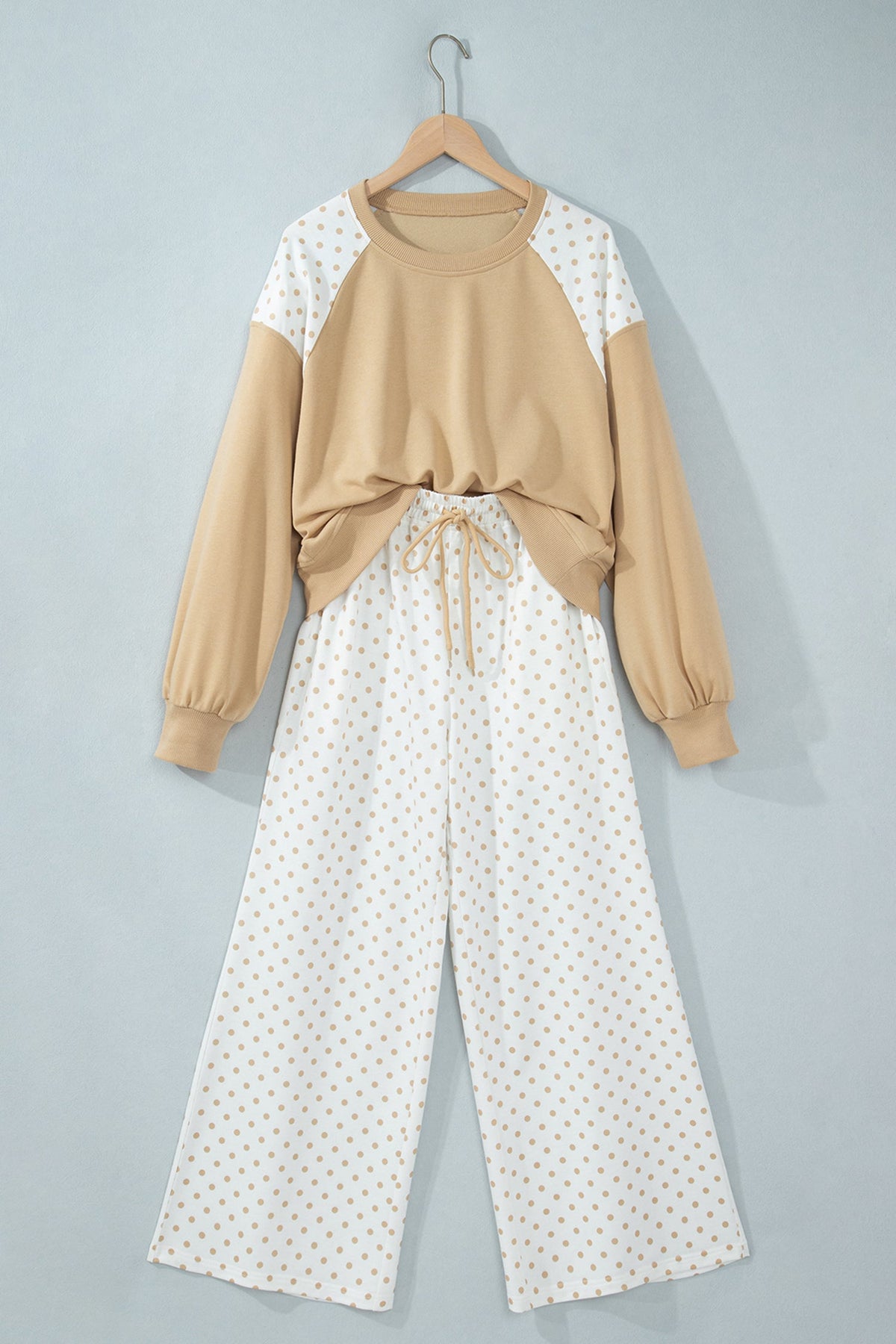 Polka Dot Patchwork Crop Sweatshirt & Pants Set