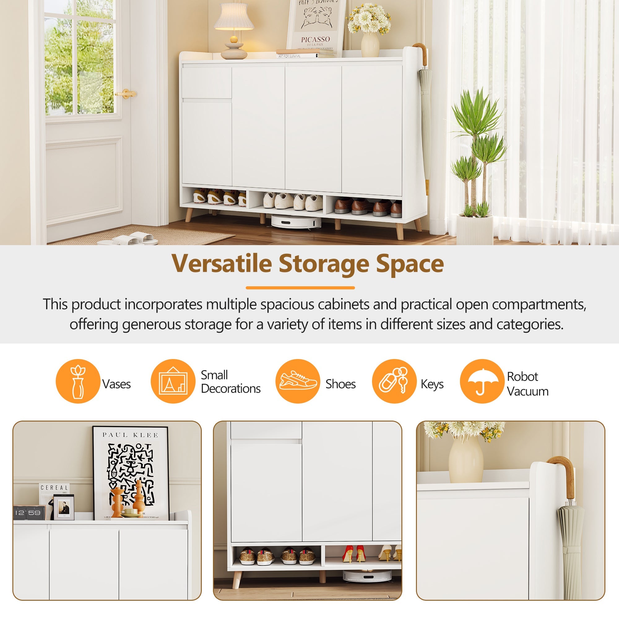 ON-TREND Sleek and Contemporary Shoe Cabinet with Adjustable Shelves, Minimalist Home Organizer with Solid Wood Legs, Storage Sideboard for Entryway, Living Room, White