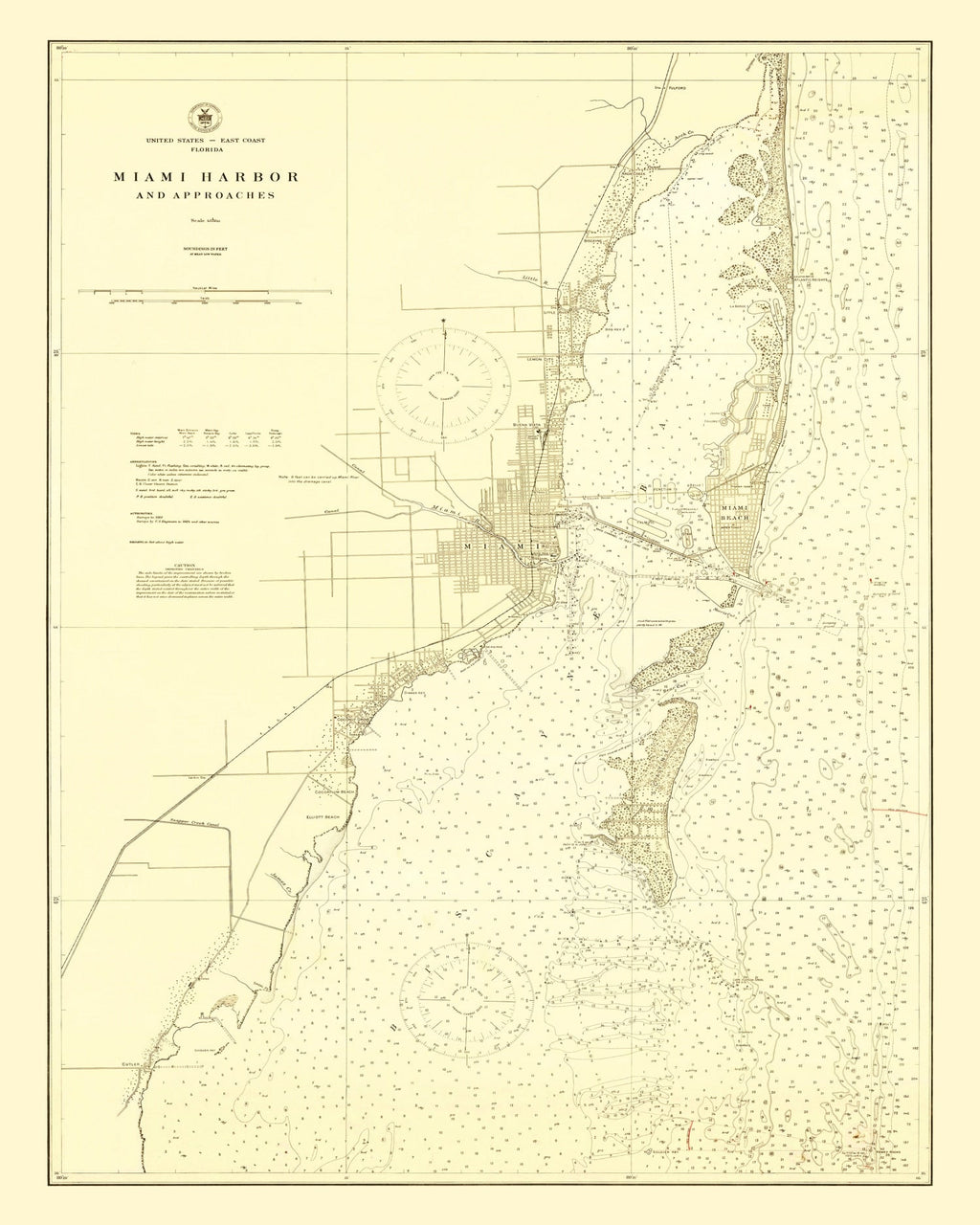 Vintage Map of Miami Harbor, Florida 1924
