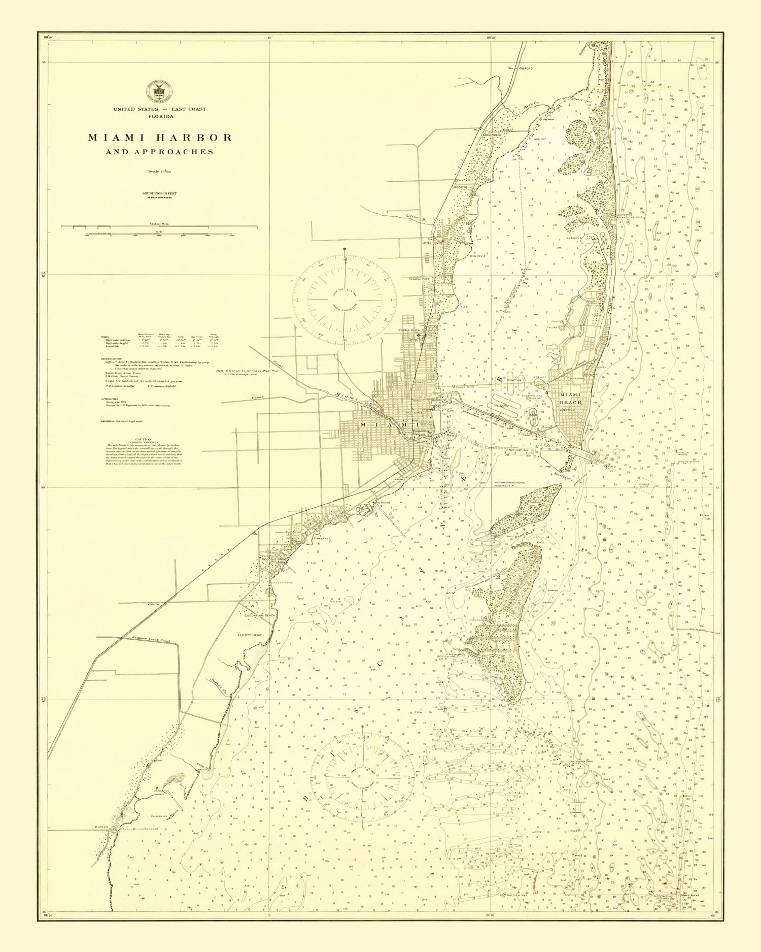 Vintage Map of Miami Harbor, Florida 1924