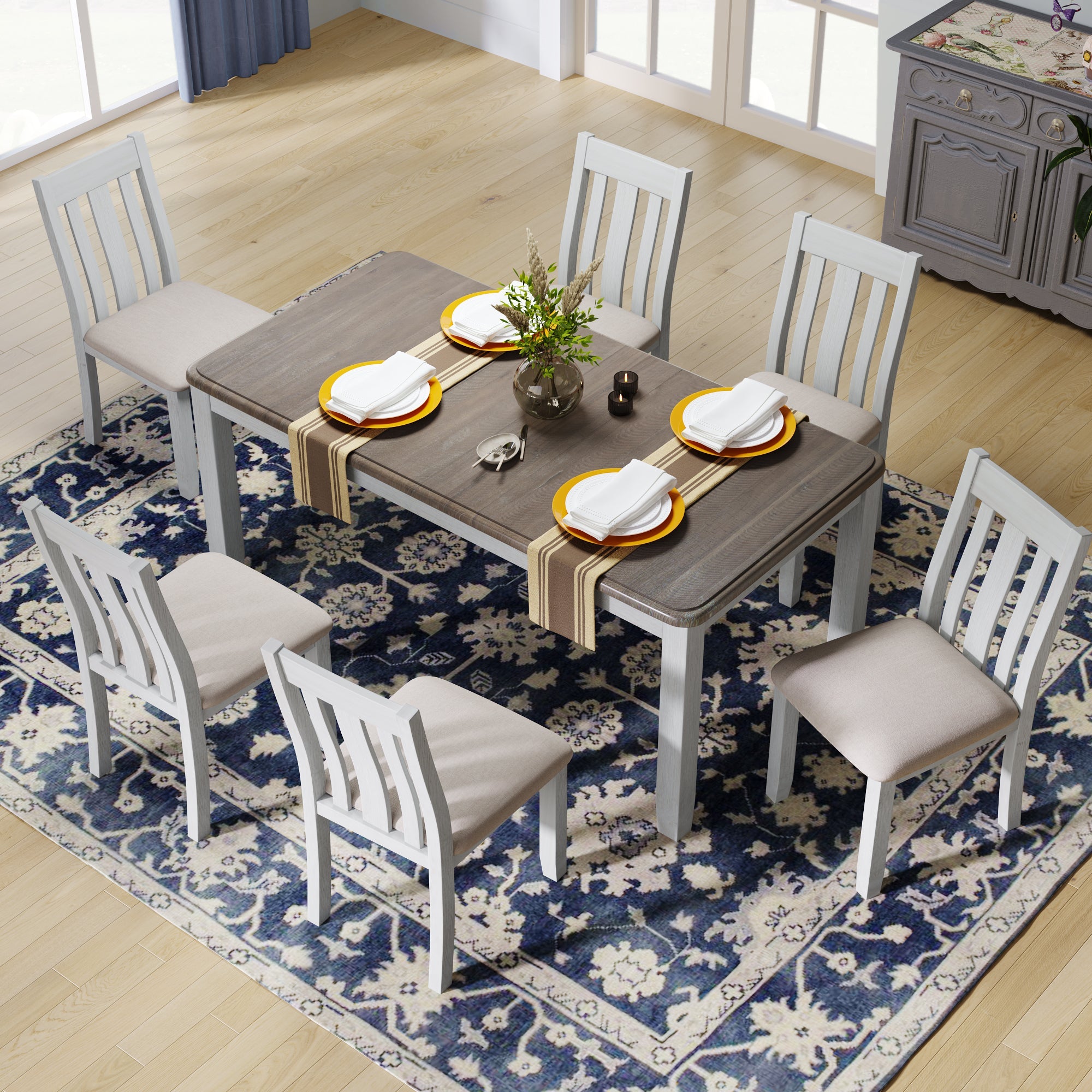TREXM Retro Style 7-Piece Dining Table Set with Extendable Table, Upholstered Chairs, Brown+White, Solid Wood