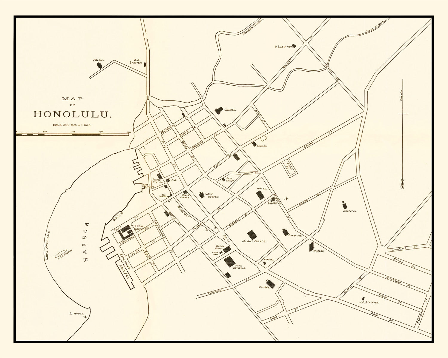 Vintage Map of Honolulu, Hawaii 1893