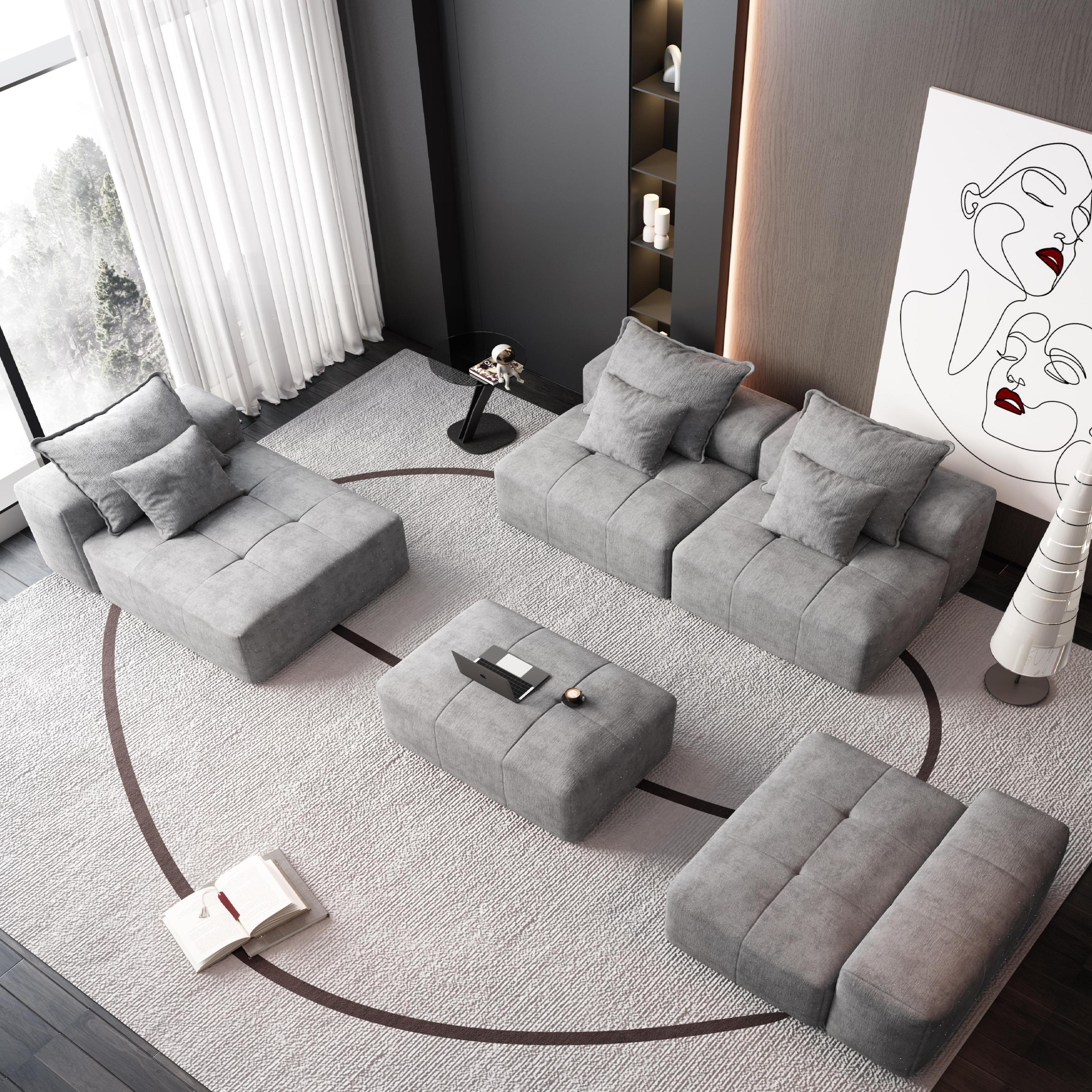 Modern Oversized Modular Sectional Sofa,Sparkling Chenille Fabric Soft Cushion Sofa with 6 Pillows,6 PCS DIY Combination Tufted Sofa,No Assembly Required,GREY