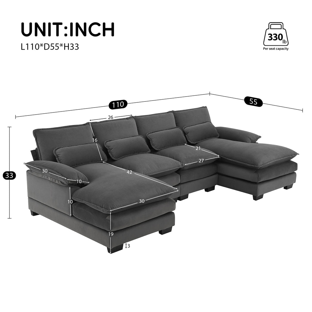 Modern U-shaped Sectional Sofa with Waist Pillows, 6-seat Upholstered Sleeper Sofa with Chaise Lounge in Velvet, 109.8*55.9', Gray