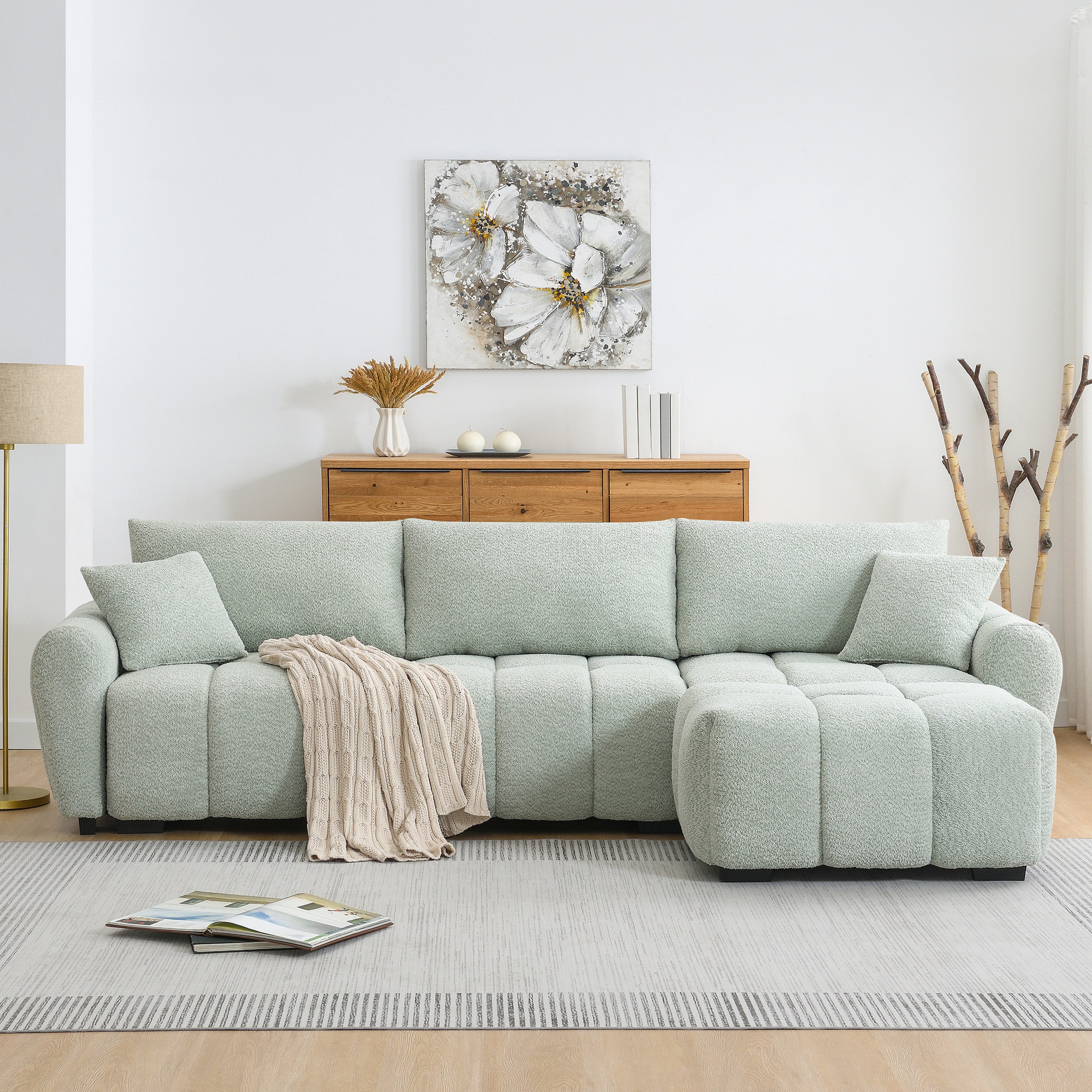 [VIDEO] 110' Modular Sectional Sofa, L Shape with Extra-large Seat, Pull-line Design, Movable Ottoman, High Density Foam, Free Combination, Sturdy Metal&Wood Frame, Boucle Fabric, 3 Colors