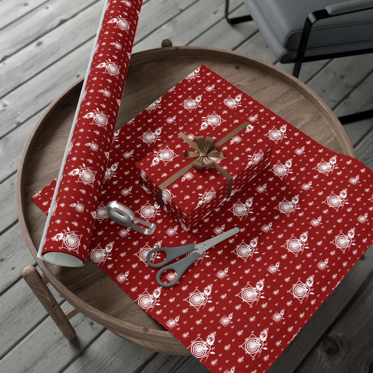 Swirls and Roses on Maroon Gift Wrapping Paper