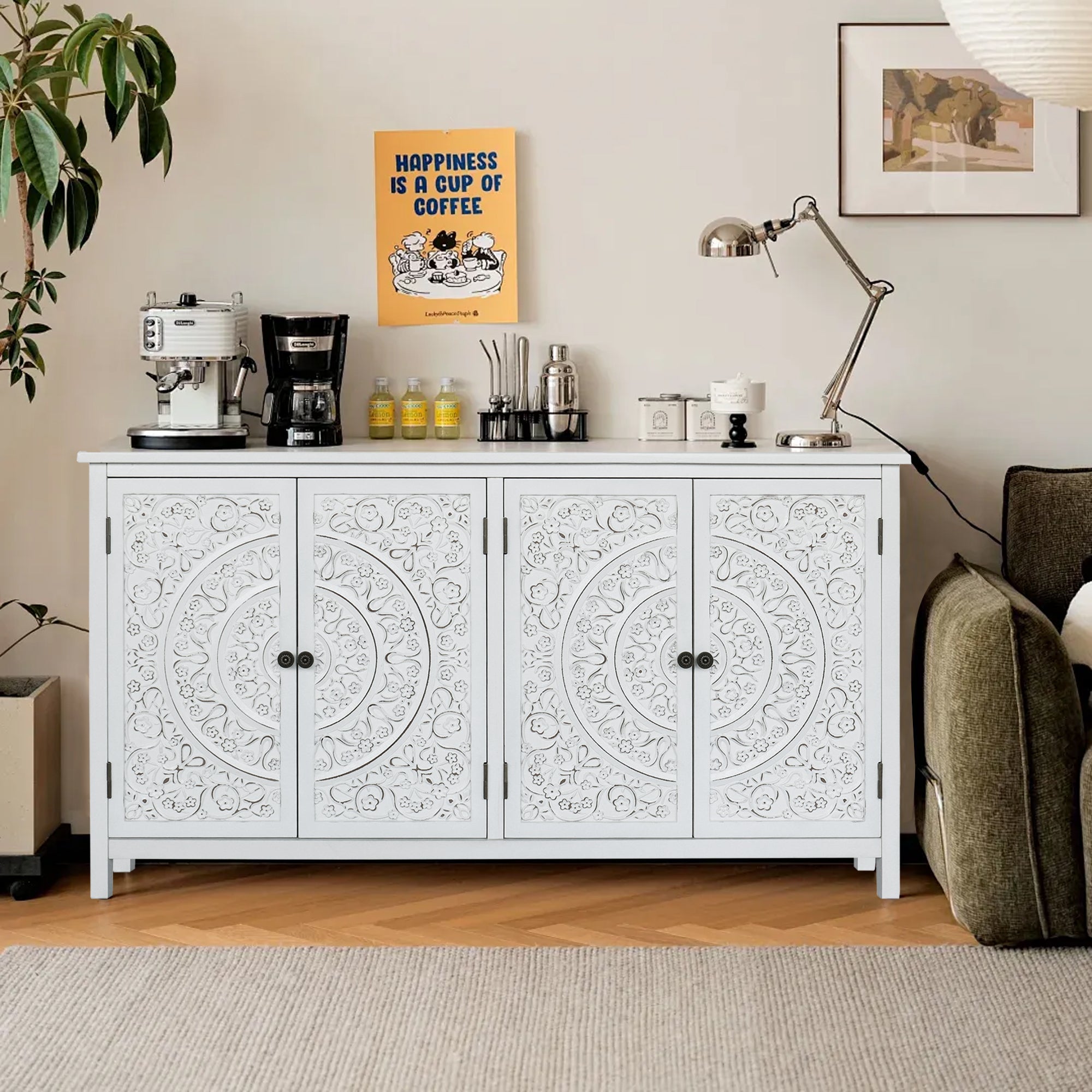 60'White Accent Cabinet with 4 Doors, Rustic Wood Sideboard Pantry Cabinet - Versatile Buffet Cabinet with Storage for Home Decor and Organization chic cabinet