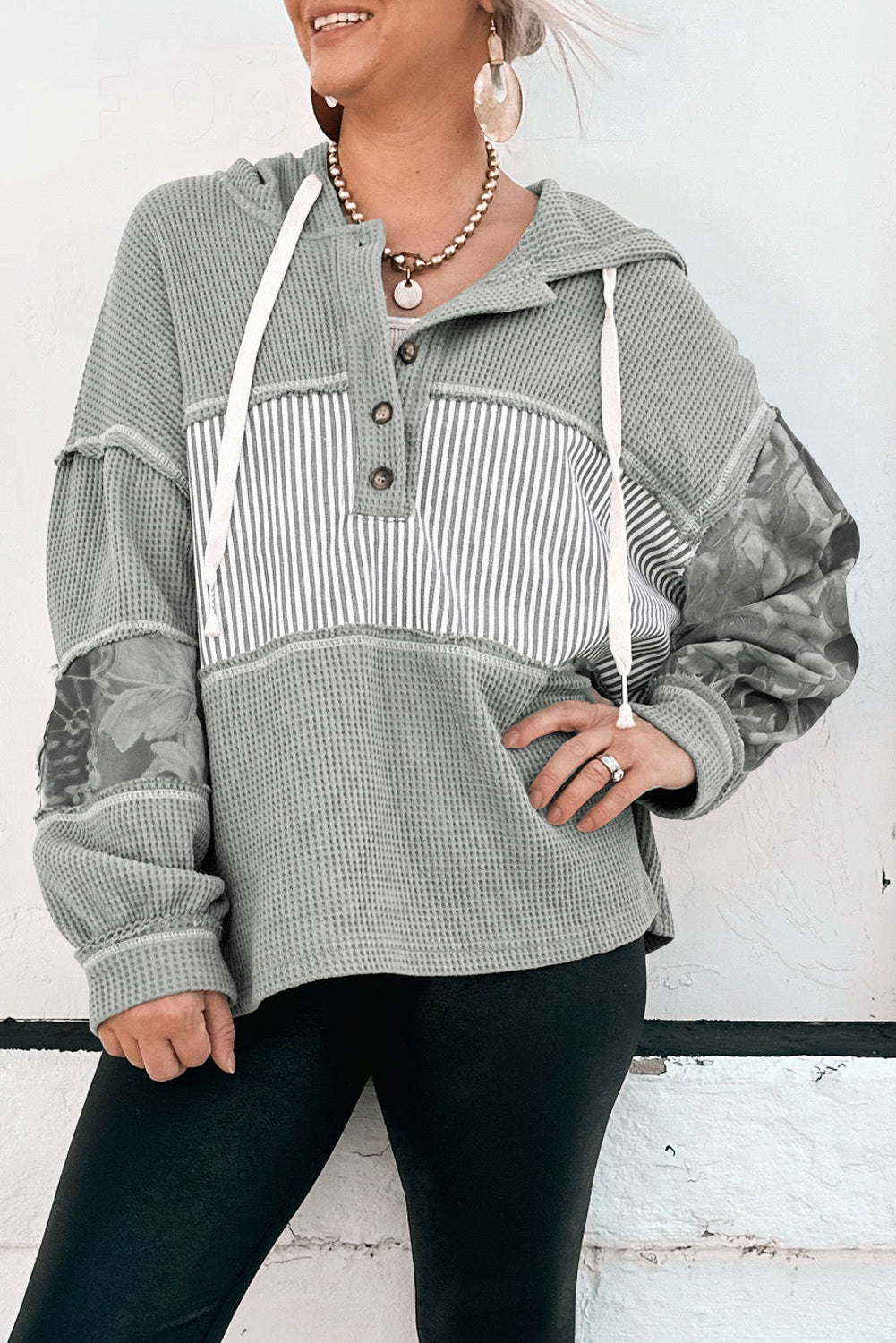 Stripe Waffle Patchwork Hooded Long Sleeve Top