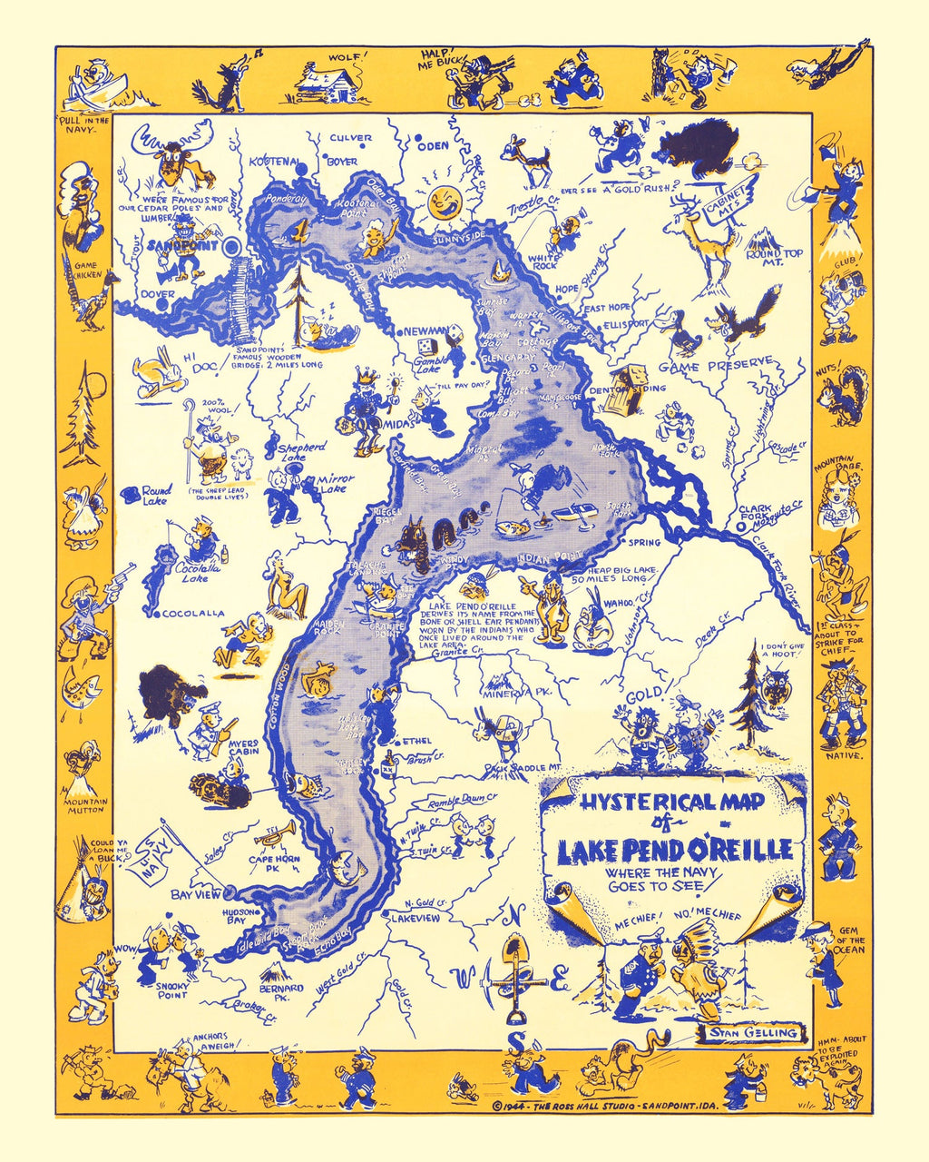 Vintage Map of Lake Pend O'Reille, 1944