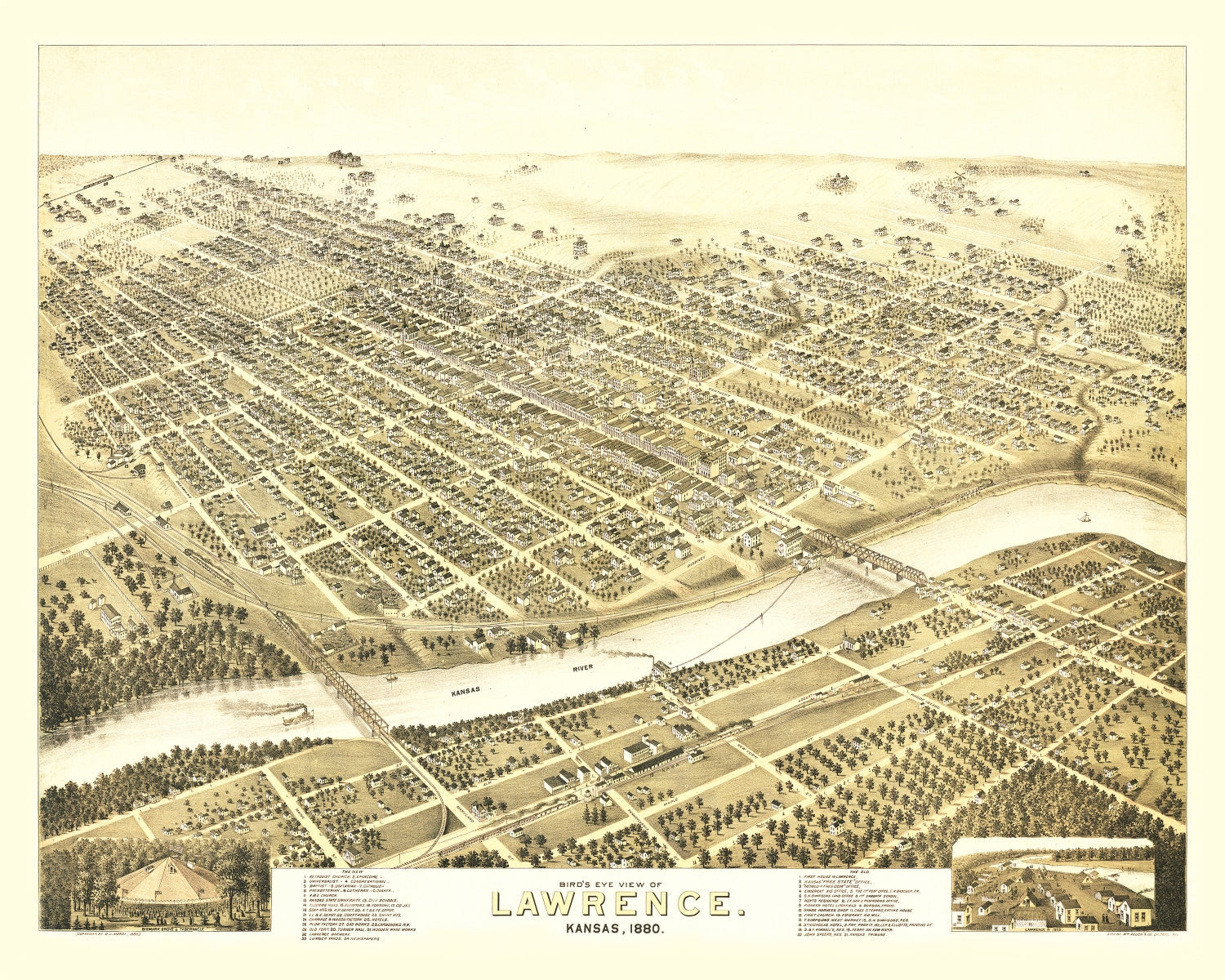 Vintage Map of Lawrence, Kansas 1880