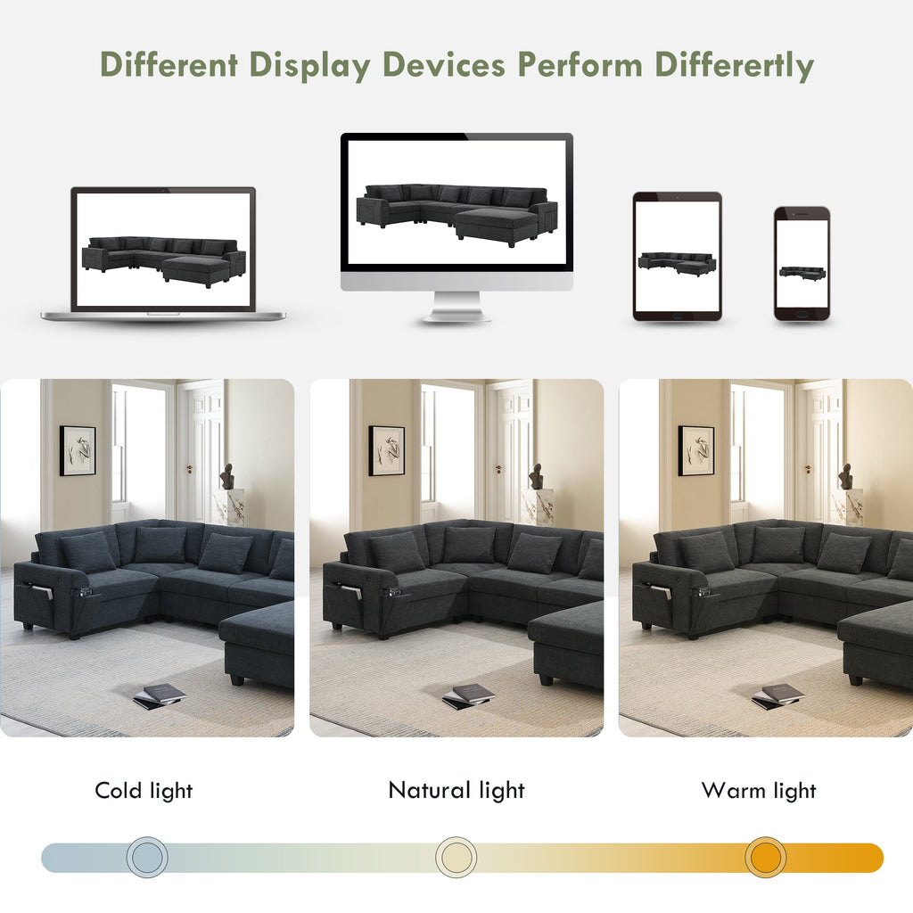 Chenille U Shaped Sectional Sofa with Ottoman and Storage, USB Ports, 2 Colors