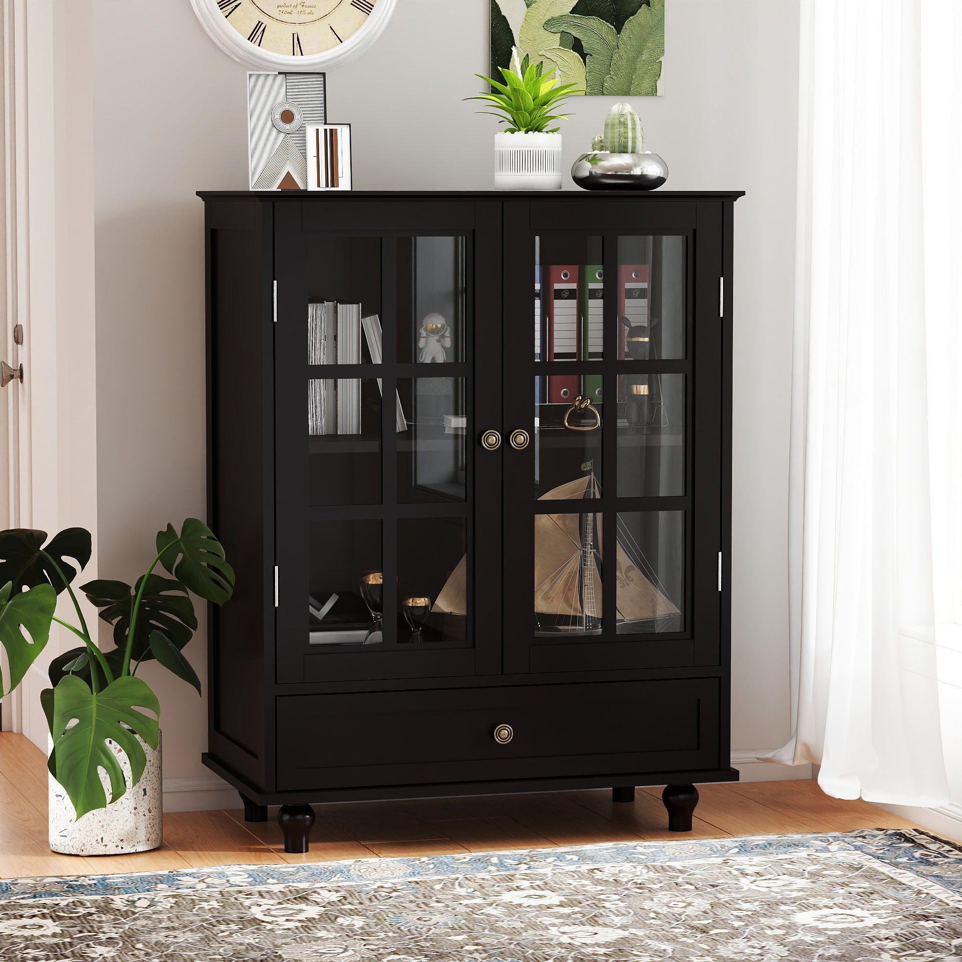 Minimalist Buffet Cabinet with Double Glass Doors and Drawer, Modern Wooden Storage Sideboard in Black
