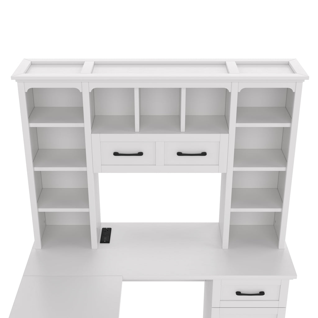 L-Shaped Computer Desk with 2 Cabinets and 2 Drawers, 11 Open Shelves , with Electrical Outlet, for Study, Living Room and Office, White
