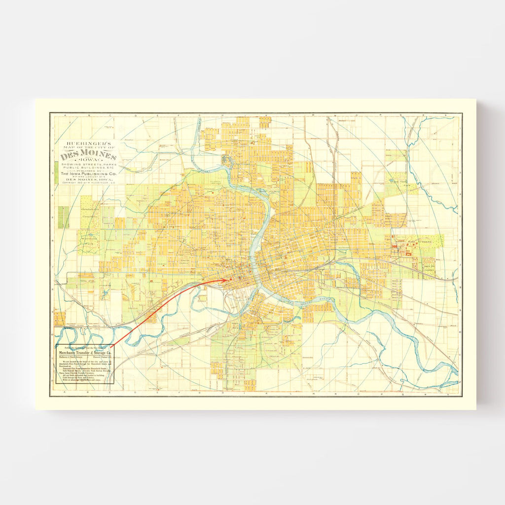 Vintage Map of Des Moines, Iowa 1910