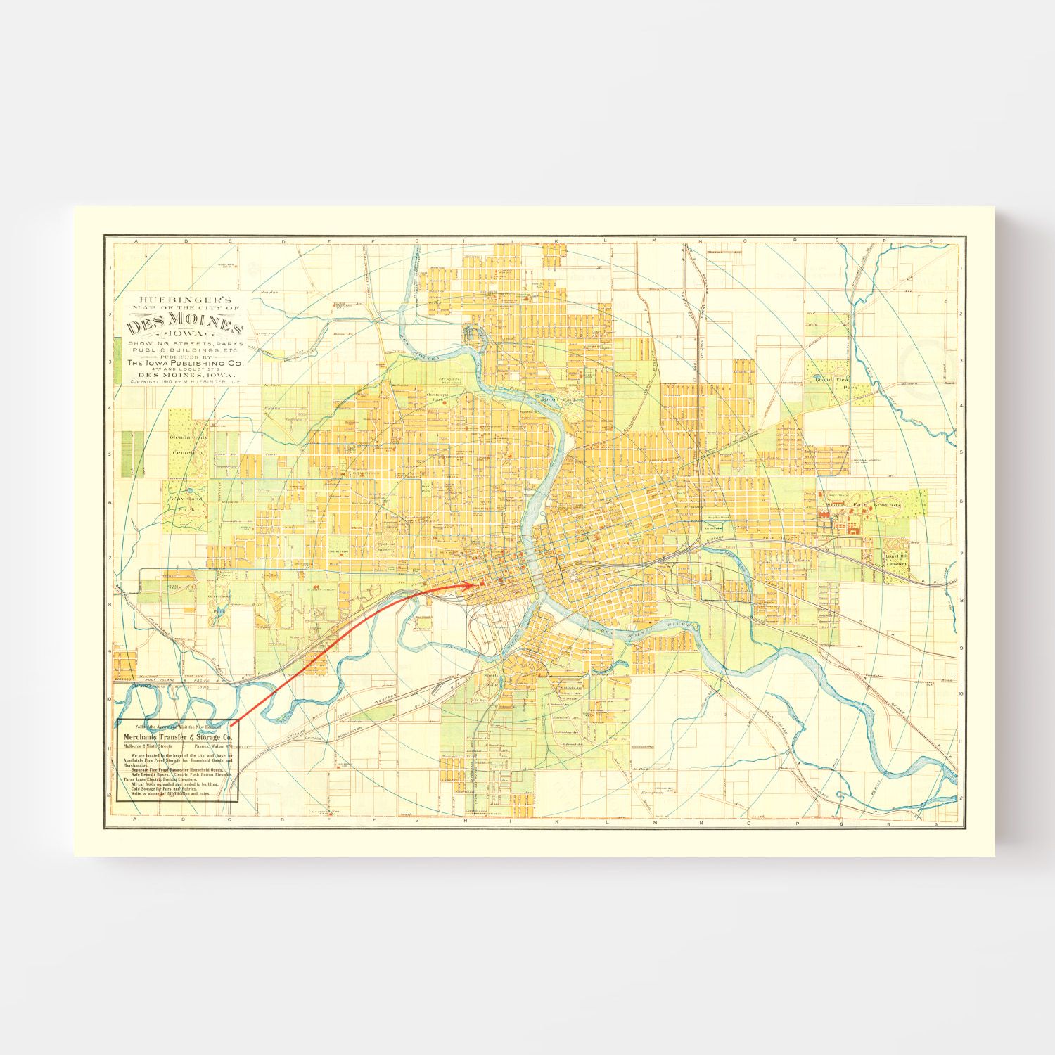 Vintage Map of Des Moines, Iowa 1910