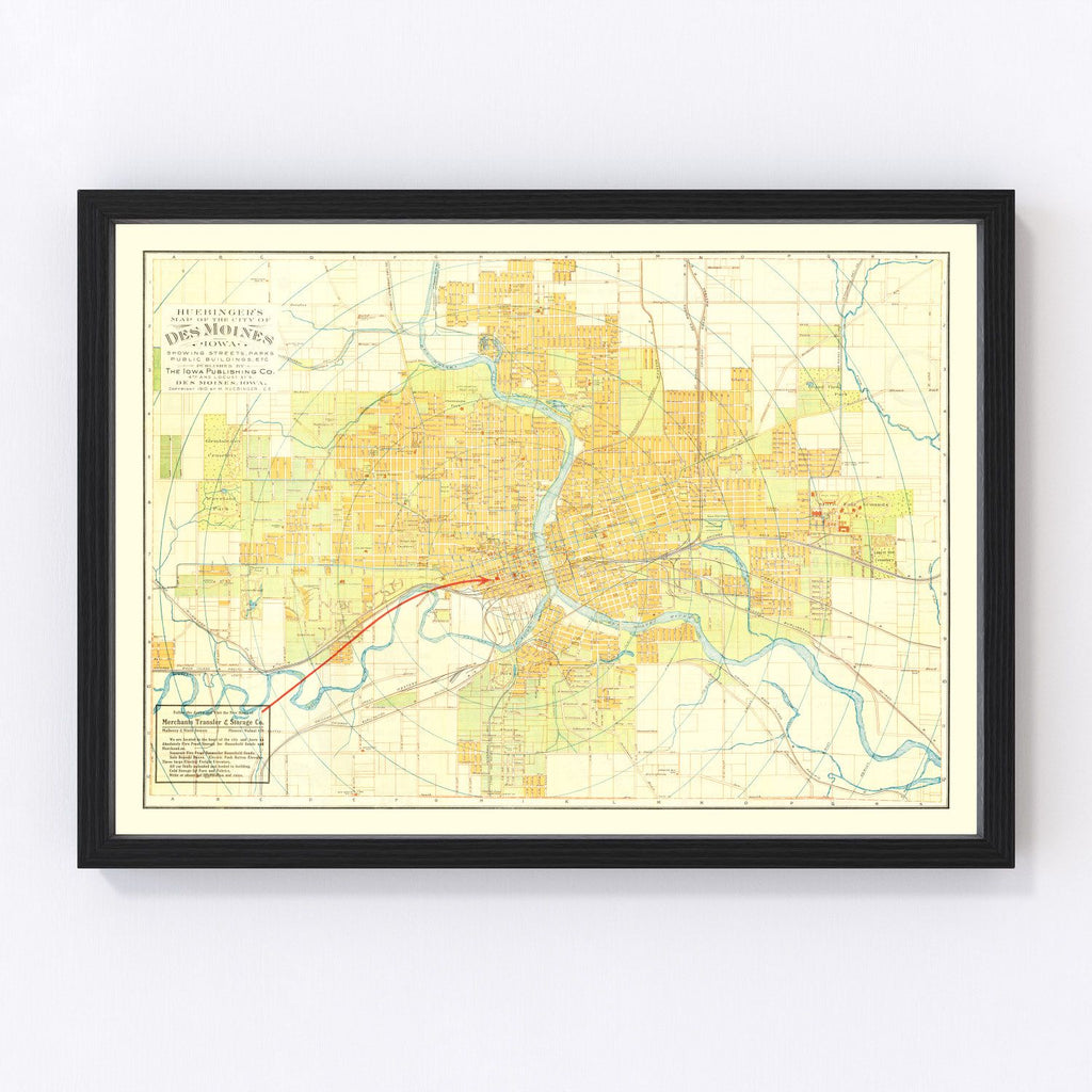 Vintage Map of Des Moines, Iowa 1910