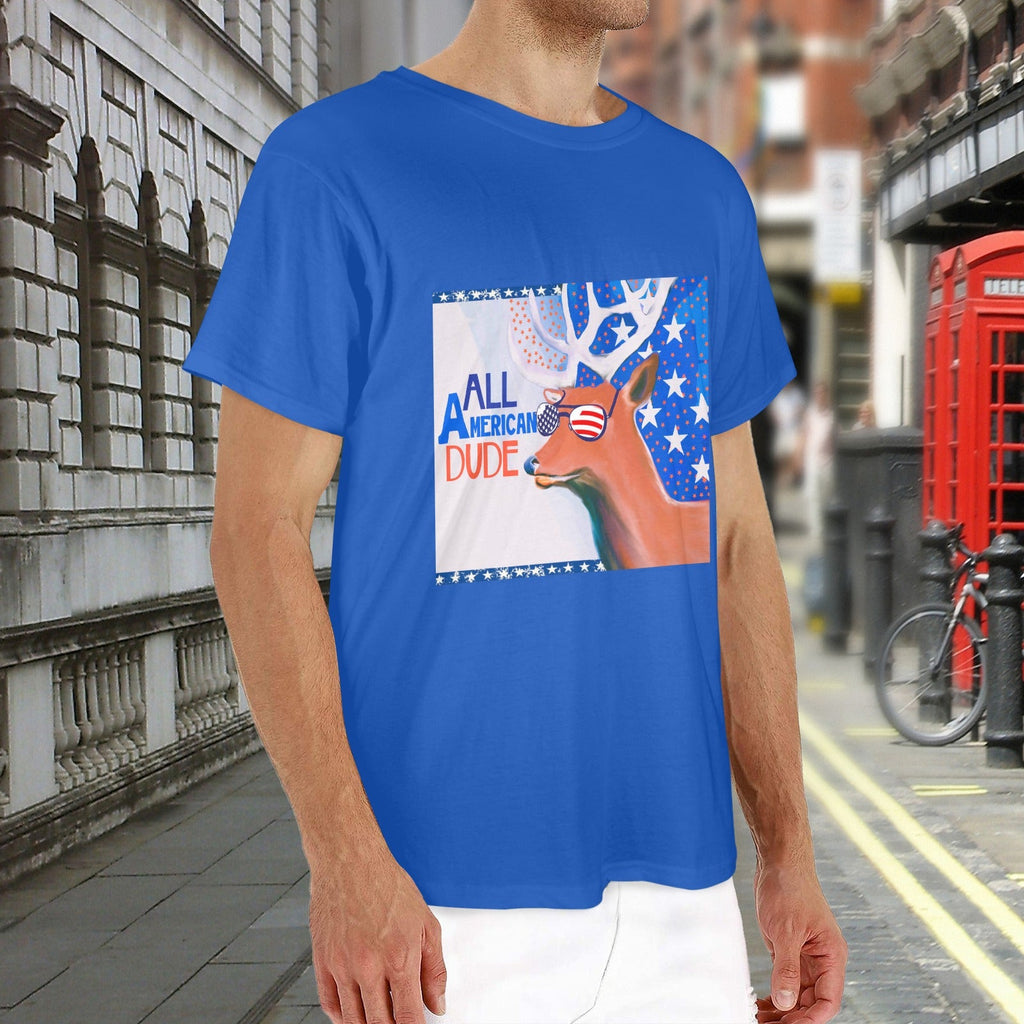 All American Dude with Deer Men's Blue Cotton T-Shirt | Ships from USA